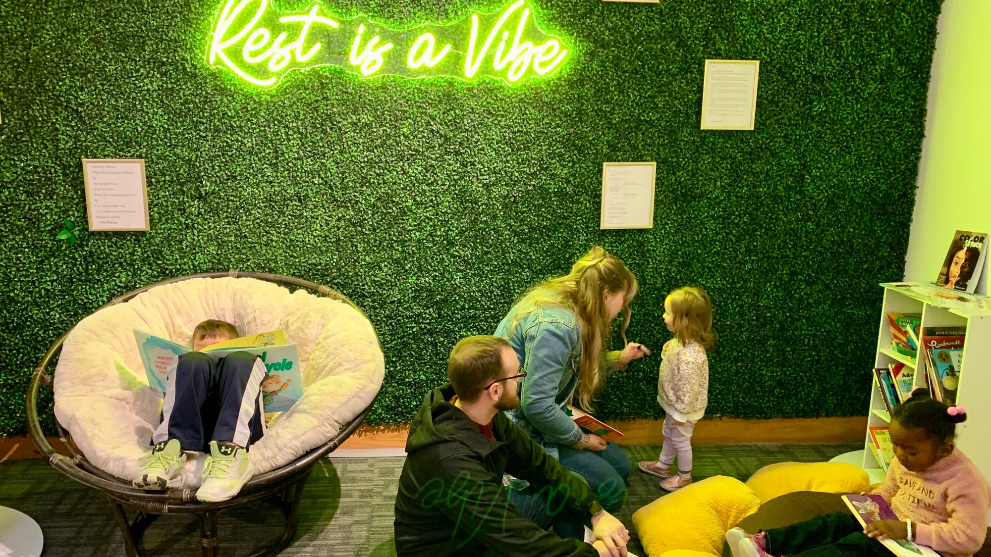 The reading corner in the 'Restoring Petals' exhibition.