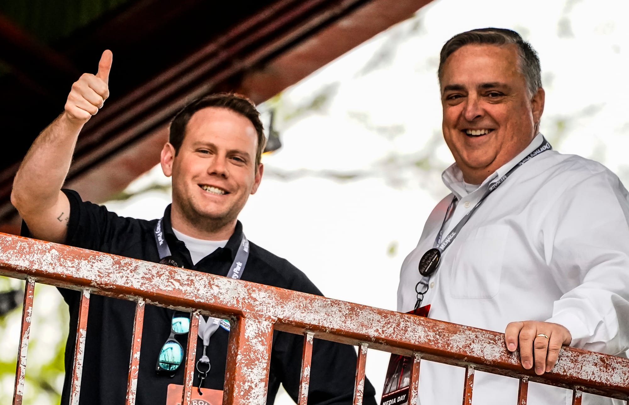 Pa. State Sen. Jarrett Coleman, left, and former Pa. Rep. Gary Day get ready to ride. Dorney Park holds Media Day for Iron Me