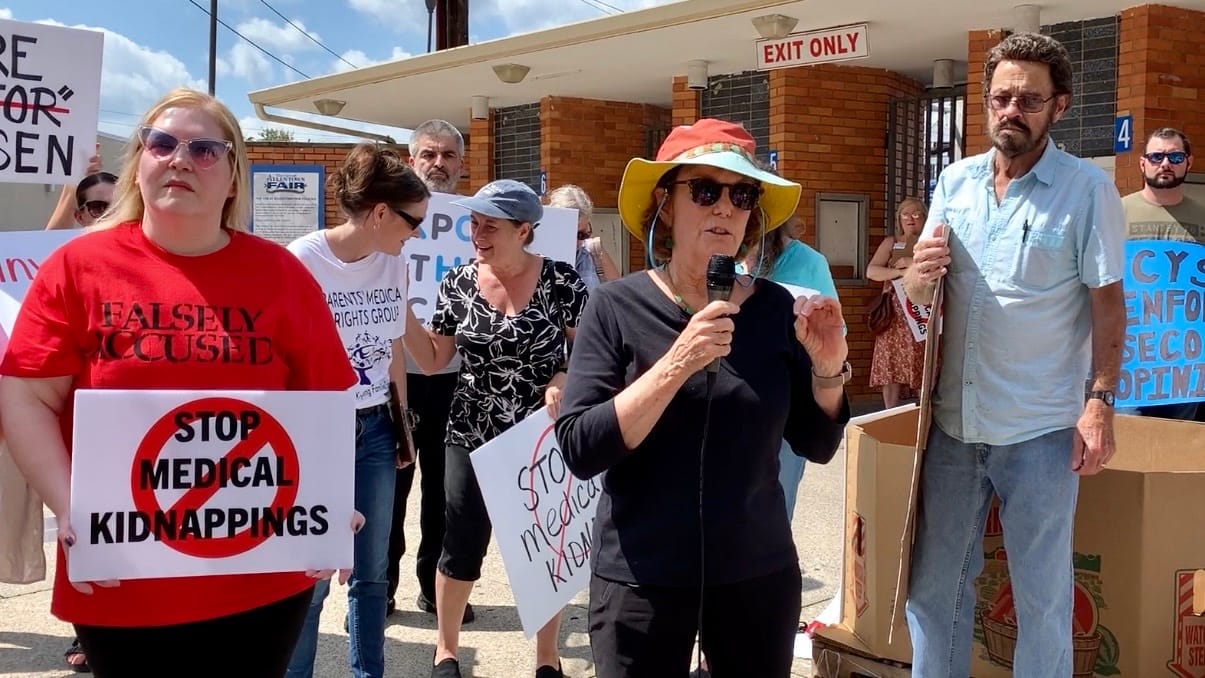 Lawyer Beth Maloney speaks at the protest organized by Parents' Medical Rights Group Greater Lehigh Valley Chapter.