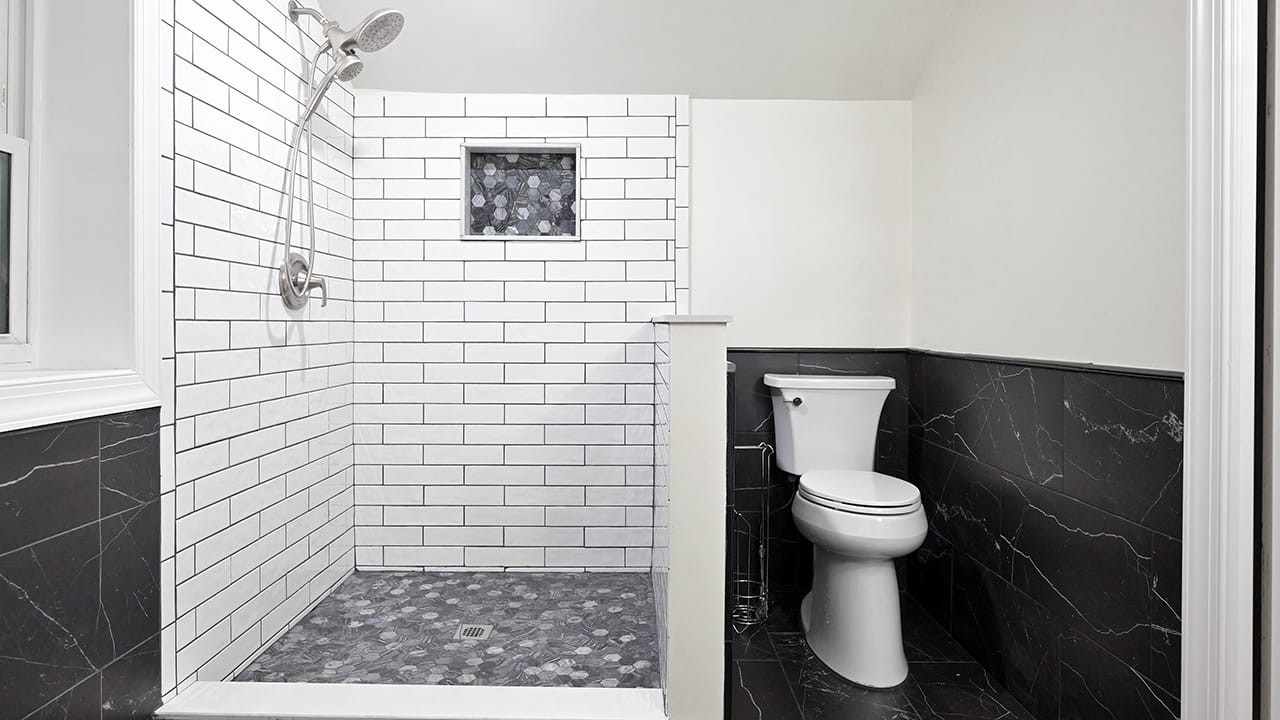 The upstairs bathroom in the West Bethlehem home renovated by Wandra Cain.