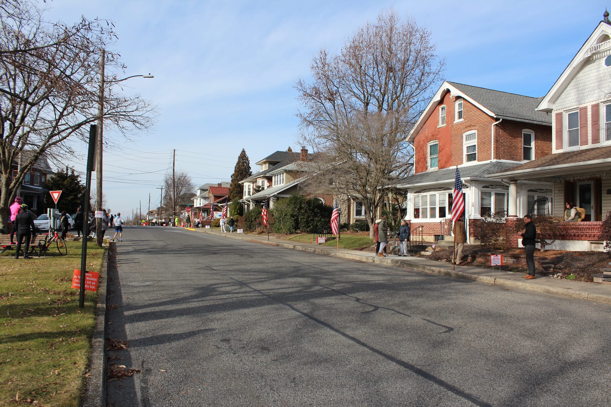 Flags line the streets in Emmaus prior to the arrival of President Biden.