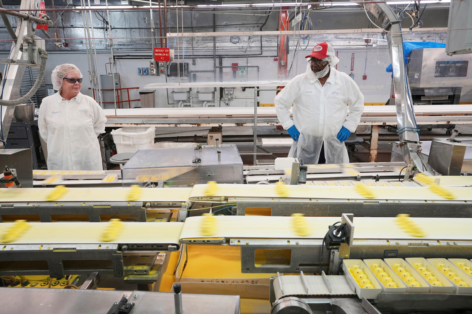 Workers monitor Peeps marshmallow treats as they move through the manufacturing process at the Just Born factory in Bethlehem