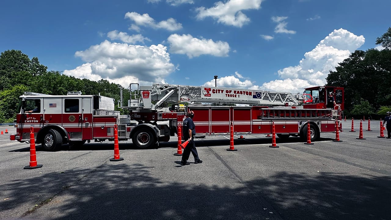 Members of the Easton Fire Department train on the new tiller truck on Thursday, June 19, 2025.