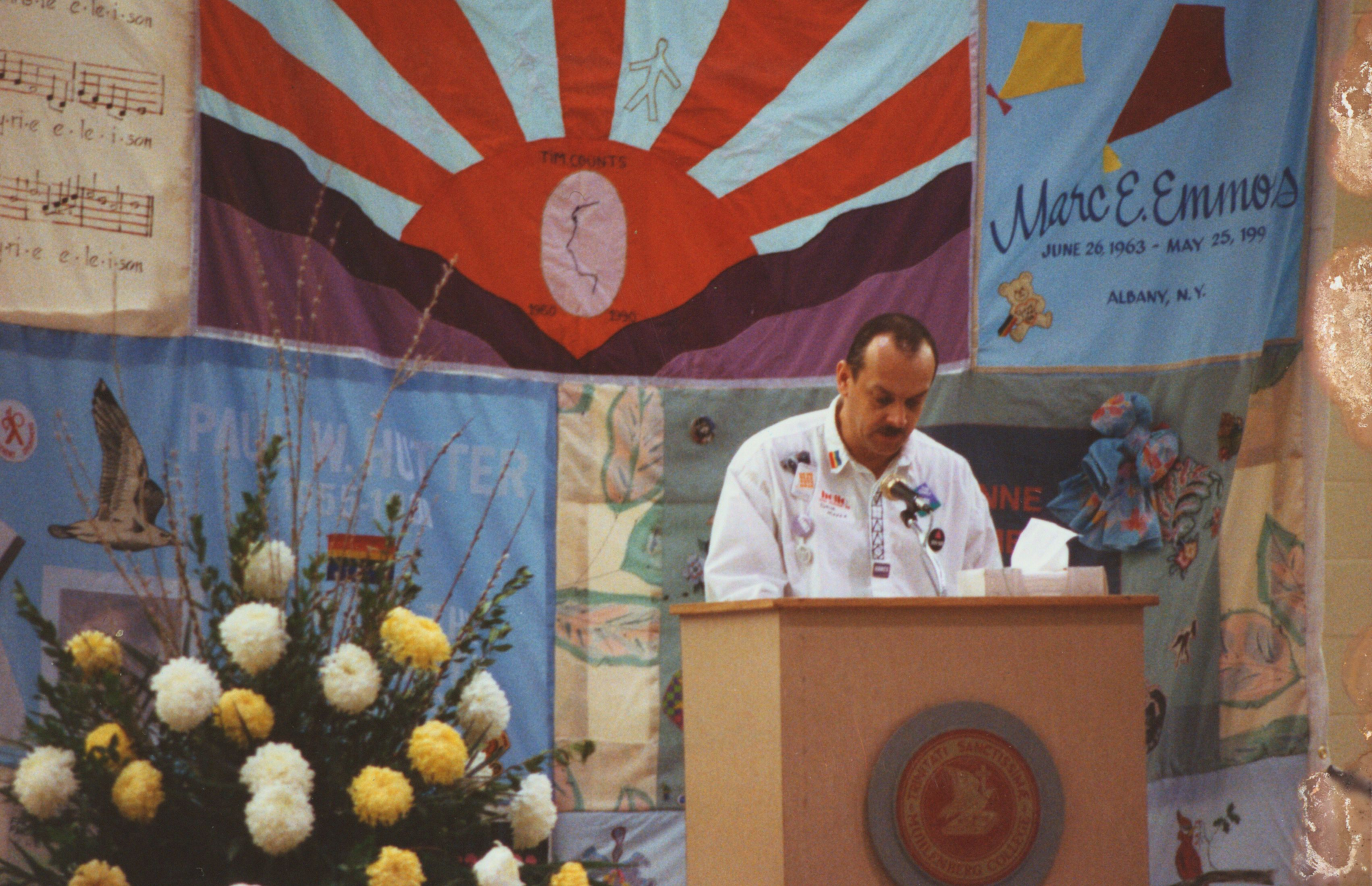 Allentown resident David Moyer speaking at the opening of the AIDS Quilt at Muhlenberg College, February, 1991