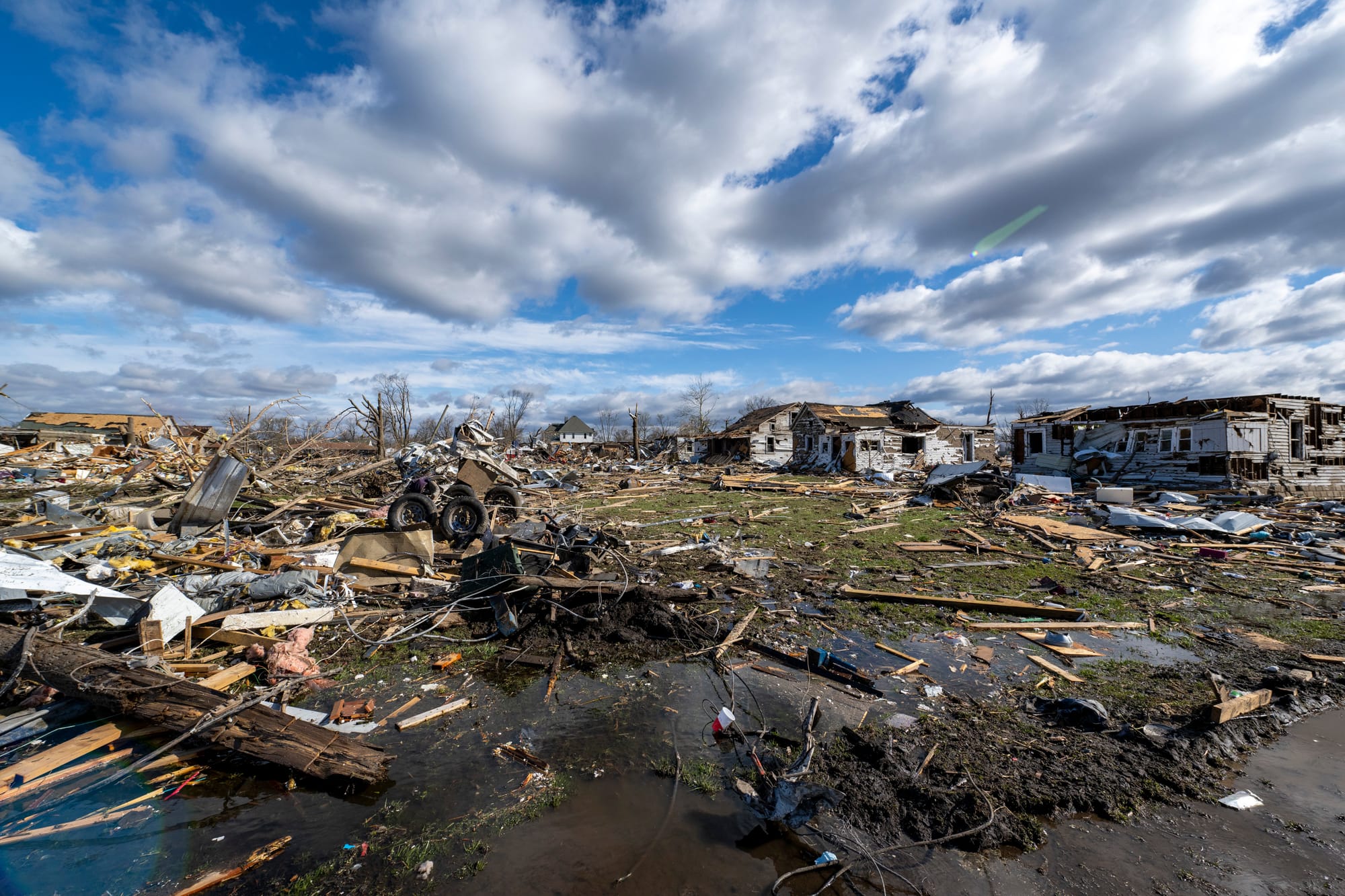 Damage from a late-night tornado is seen in Sullivan, Ind., Saturday, April 1, 2023. Multiple deaths were reported in the are