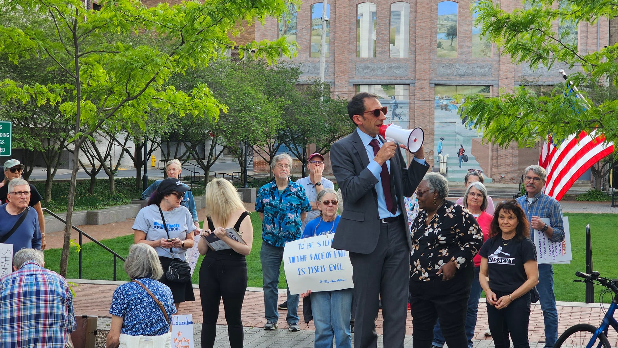 Mayor Matt Tuerk urges protesters at the Arts Park to “make sure everyone hears you in Allentown” before they walked through 