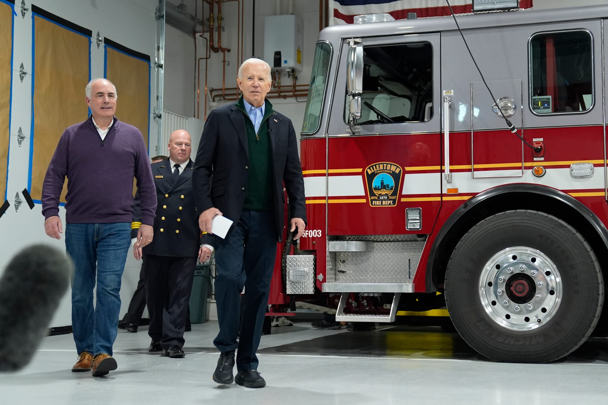 President Joe Biden arrives to visit the Allentown Fire Training Academy, Friday, Jan. 12, 2024, in Allentown, Pa., with Sen.