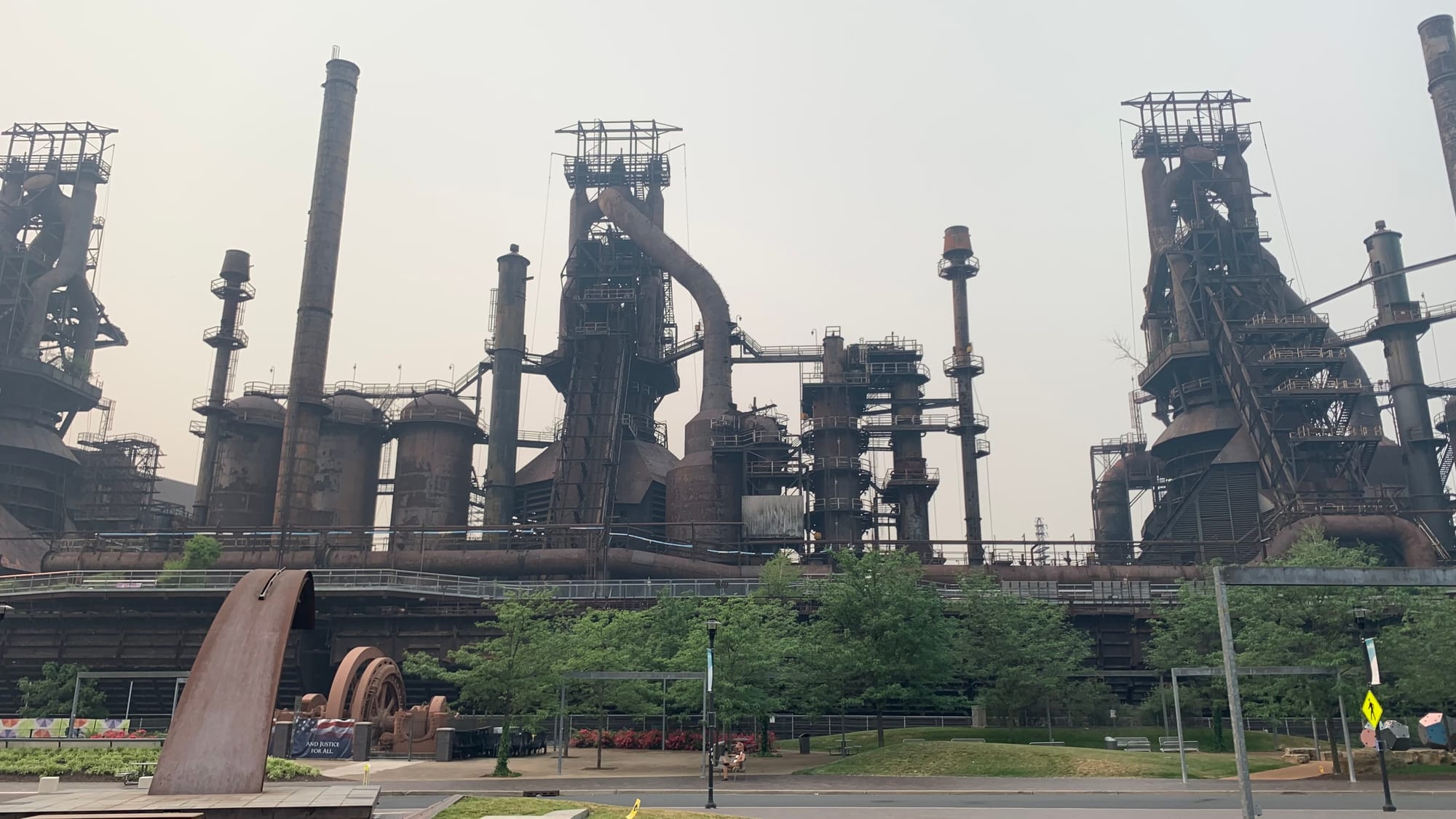 A smokey atmosphere outside the SteelStacks.