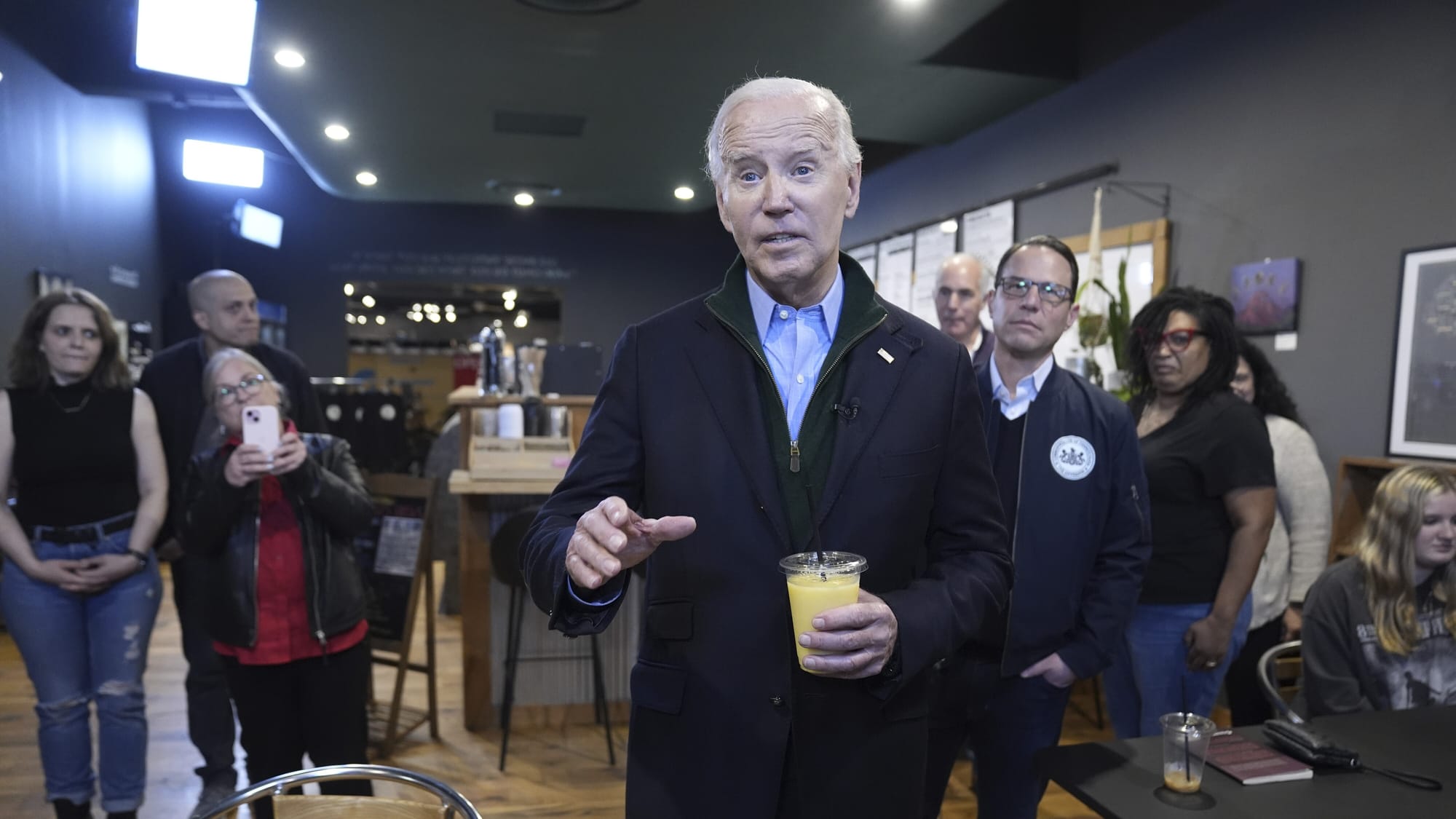 President Biden flanked by Rep. Susan Wild and Gov. Josh Shapiro in Emmaus on Jan. 12, 2024.