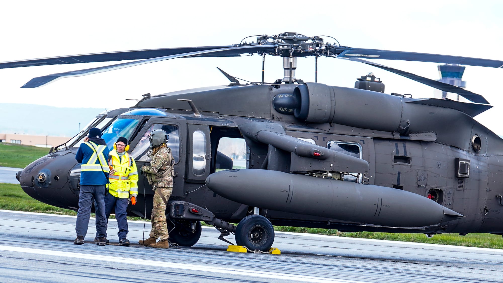 UH-60 Blackhawk helicopters from from Fort Drum in Jefferson County, New York, land at Lehigh Valley International Airport on