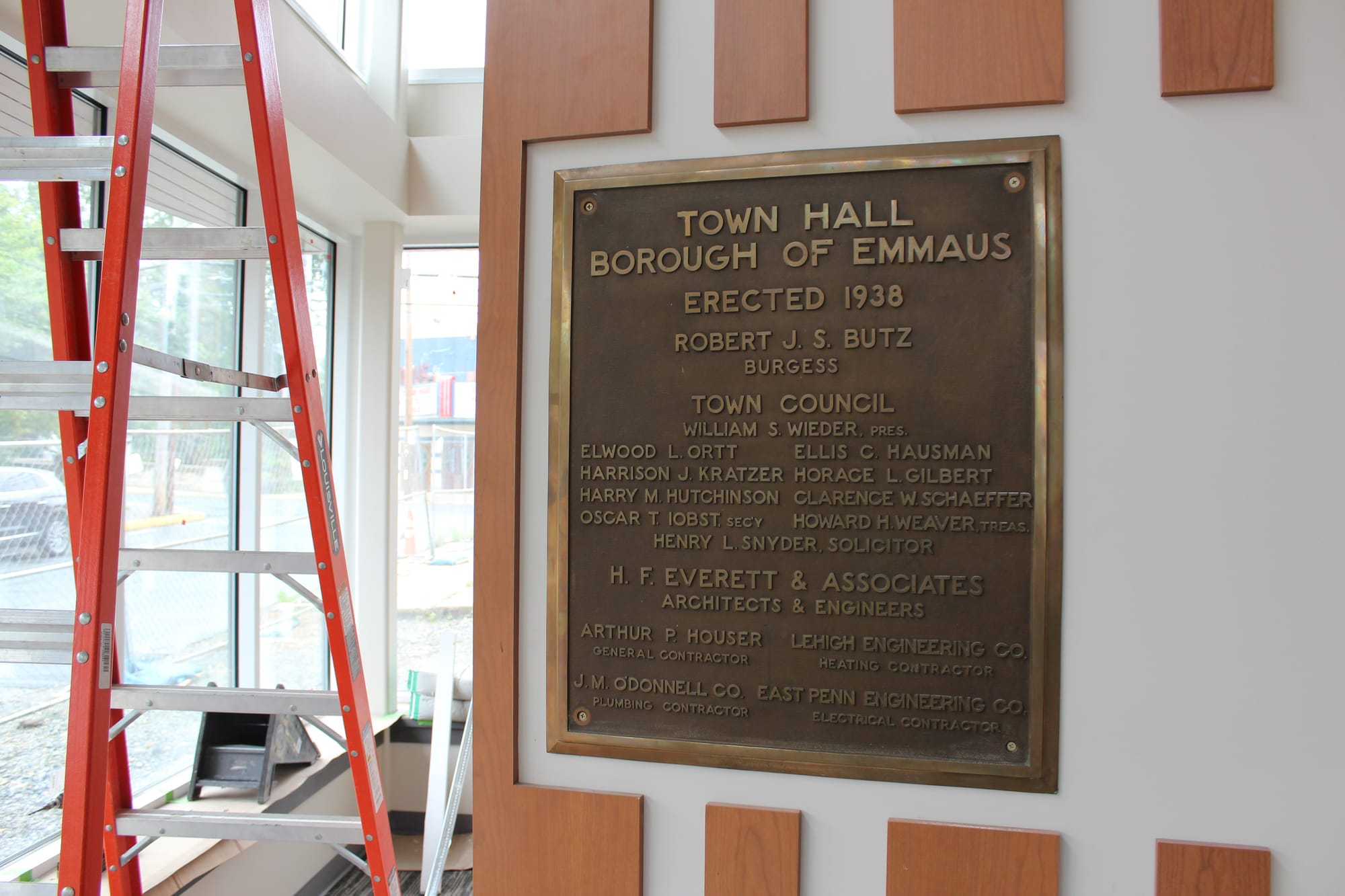 The building dedication plaque in the renovated Emmaus Borough Hall lobby