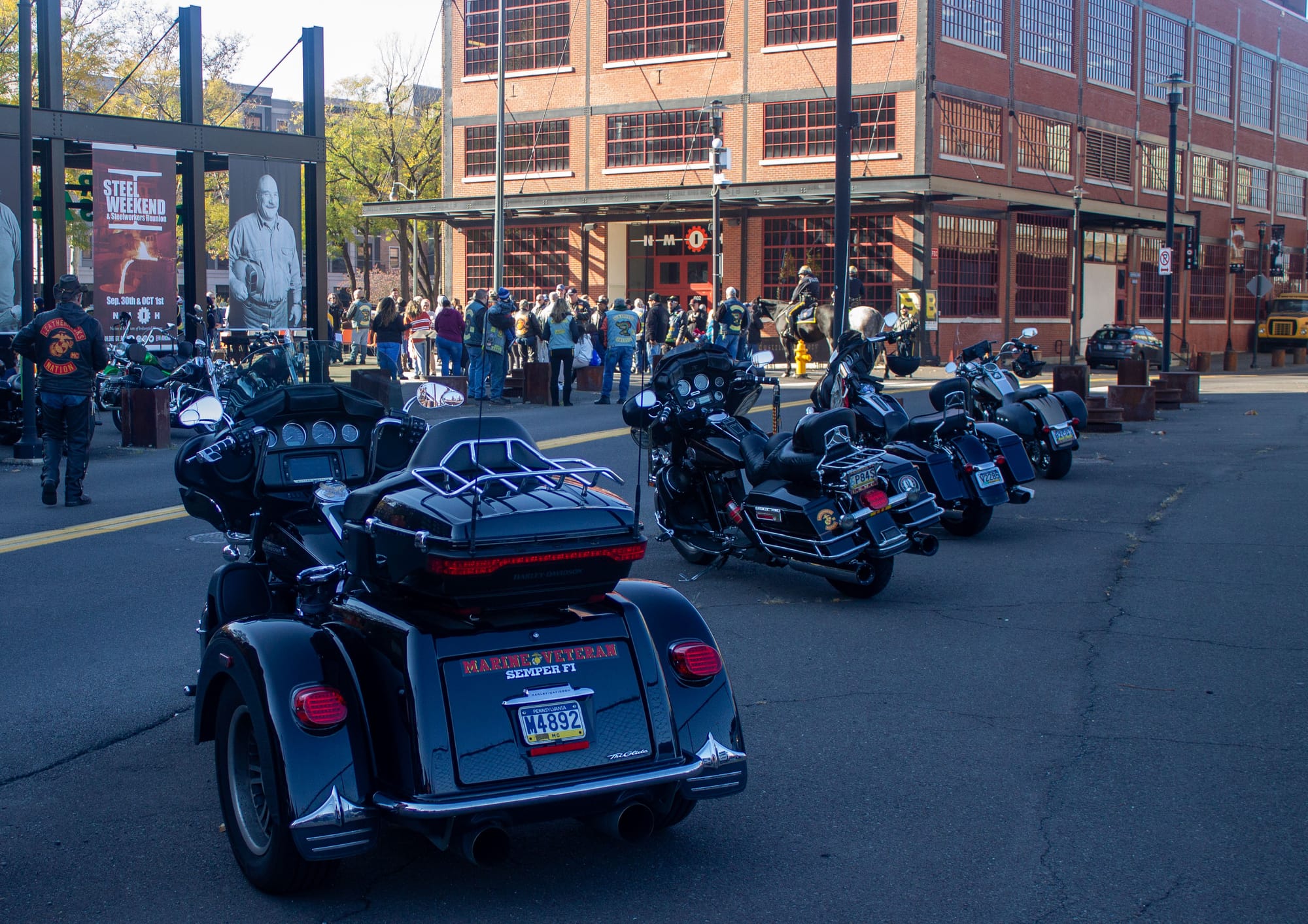 Motorcycles belonging one of the many veteran's motorcycle groups that showed up.