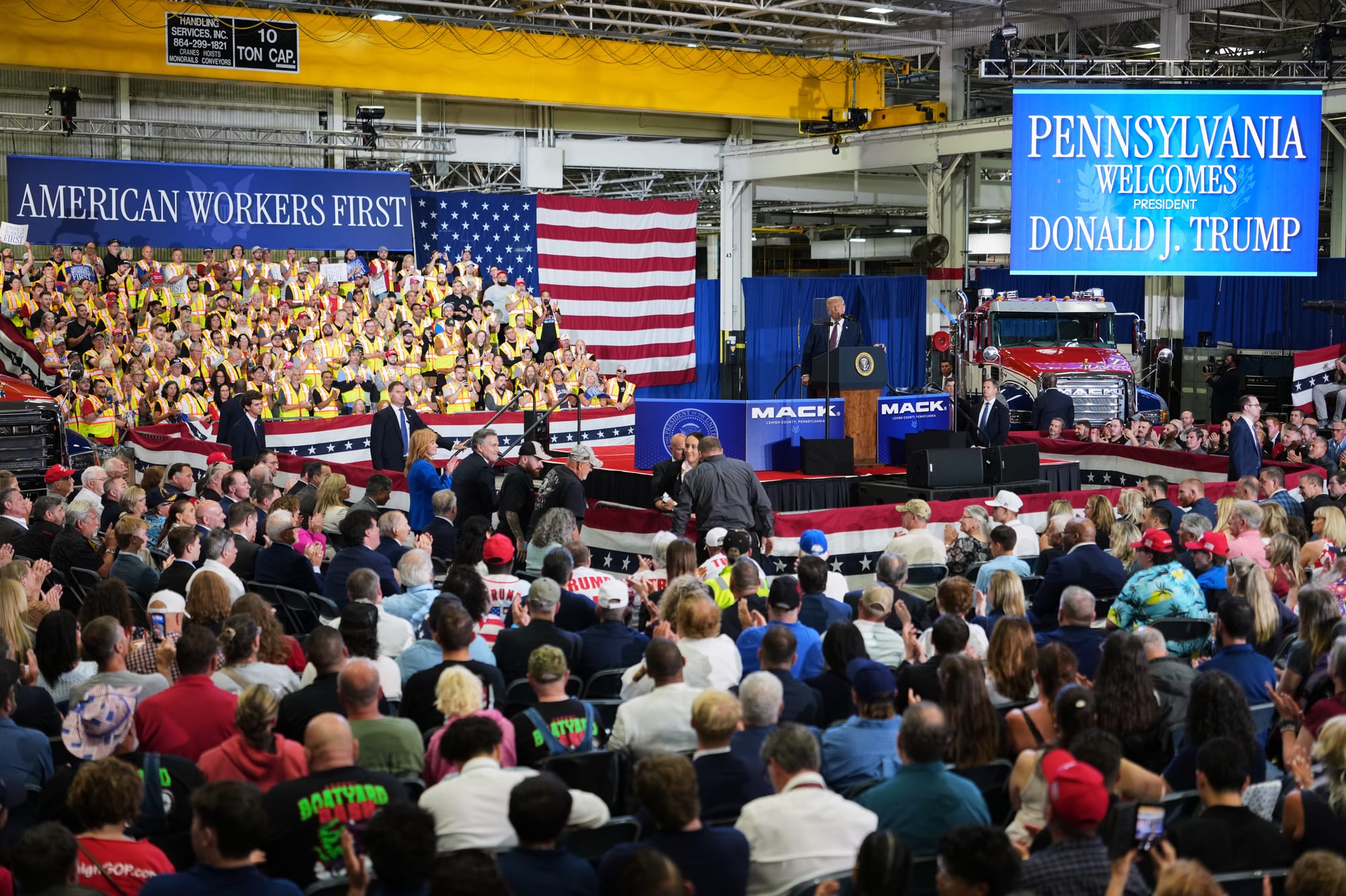 President Donald Trump speaks at a Mack Trucks facility, Tuesday, June 23, 2026, in Macungie, Pa.