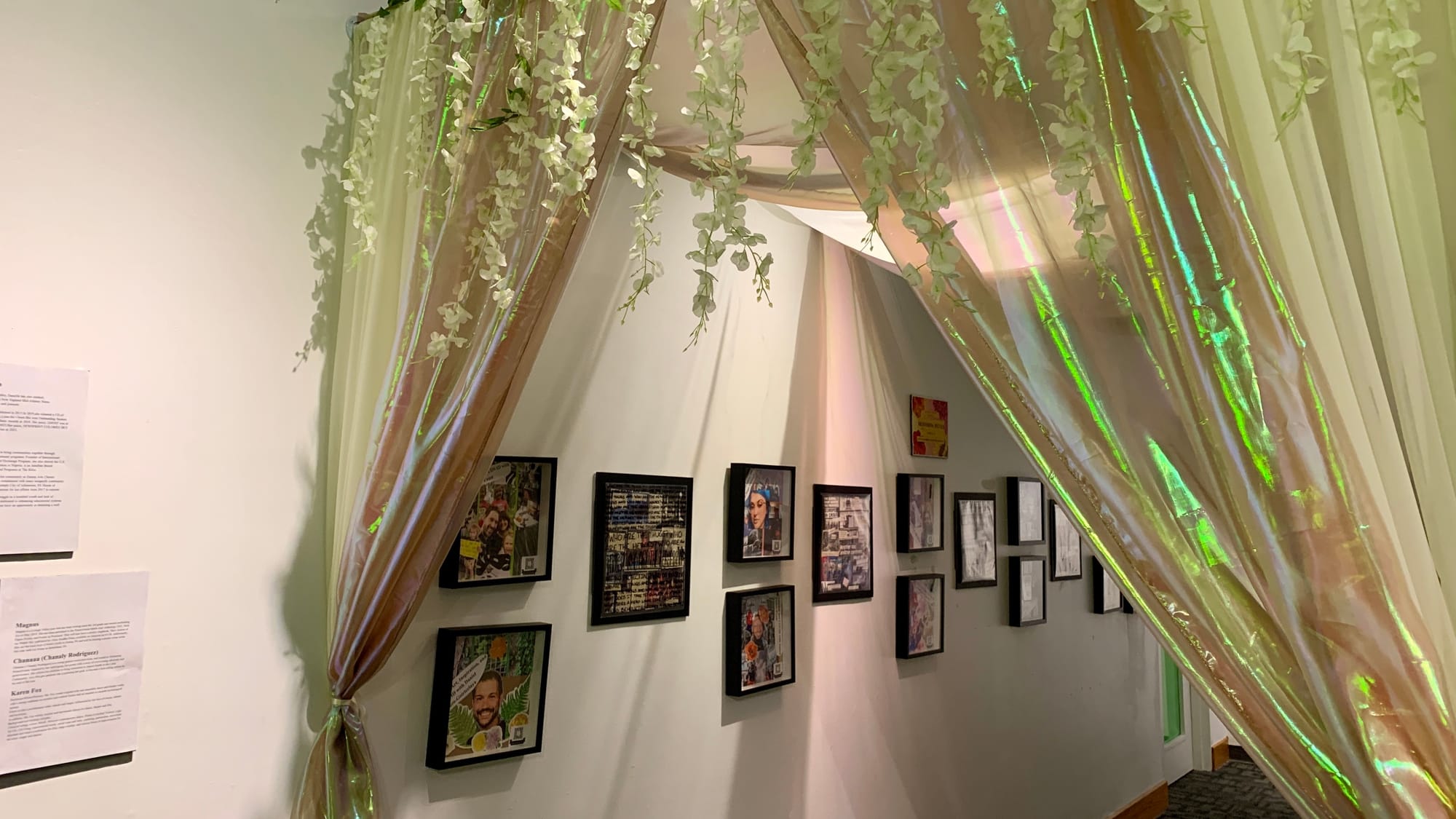 A section of the 'Restoring Petals' exhibition has collages and photos.