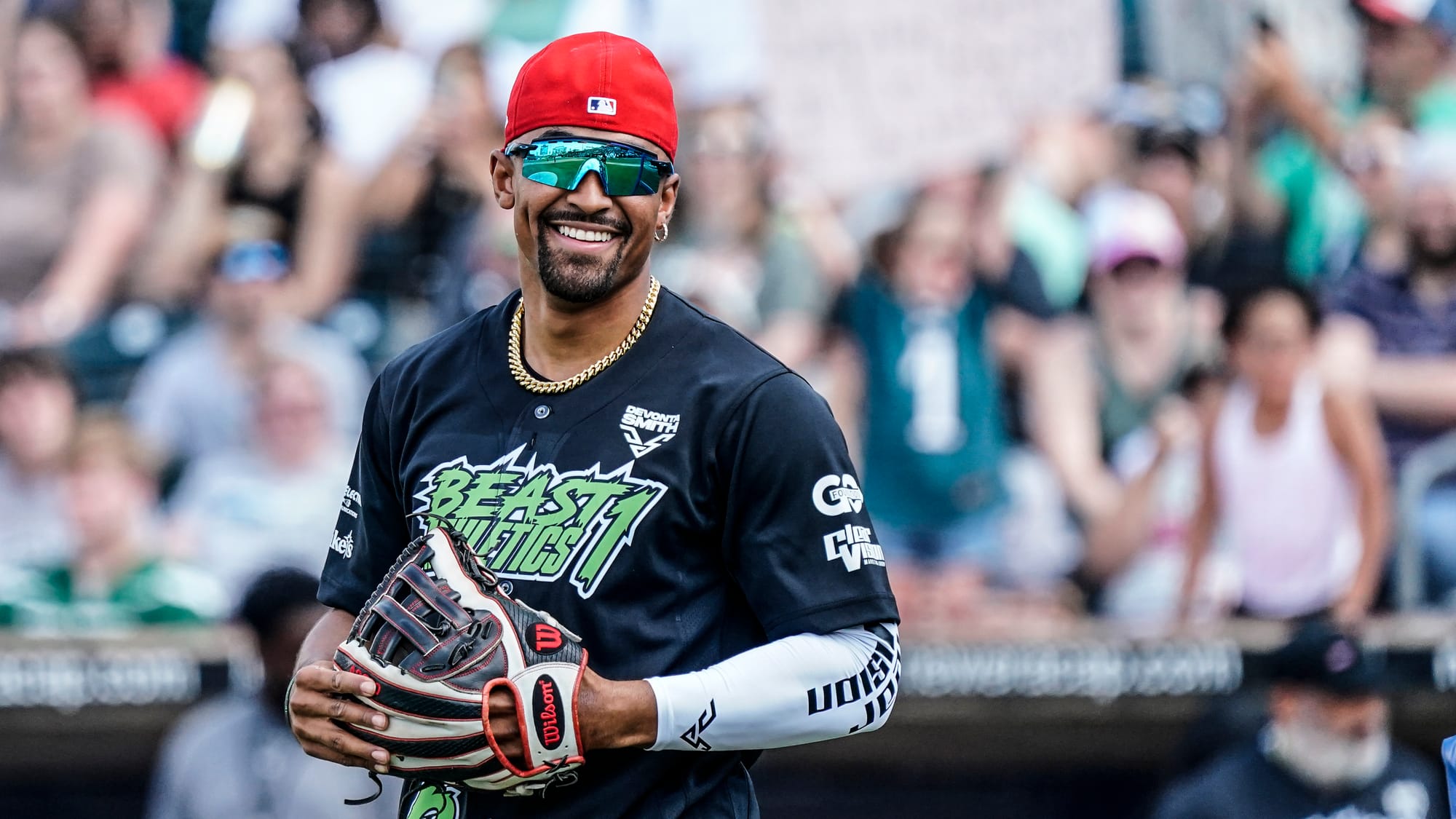 Jalen Hurts, Eagles quarterback, at work. The 2nd annual DeVonta Smith Celebrity Softball Game was held at Coca-Cola Park in 