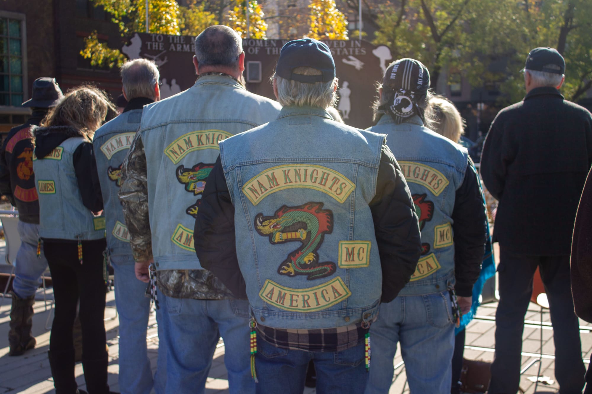 A group of Nam Knights, a Vietnam veterans motorcycle club, pay their respects.