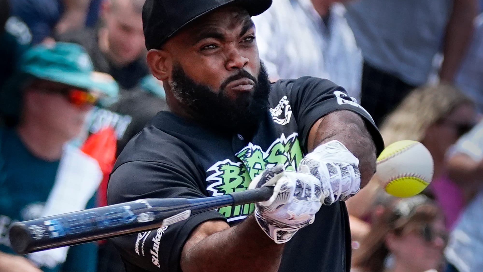 Brandon Graham of the Eagles warms up at bat. The 2nd annual DeVonta Smith Celebrity Softball Game was held at Coca-Cola Park