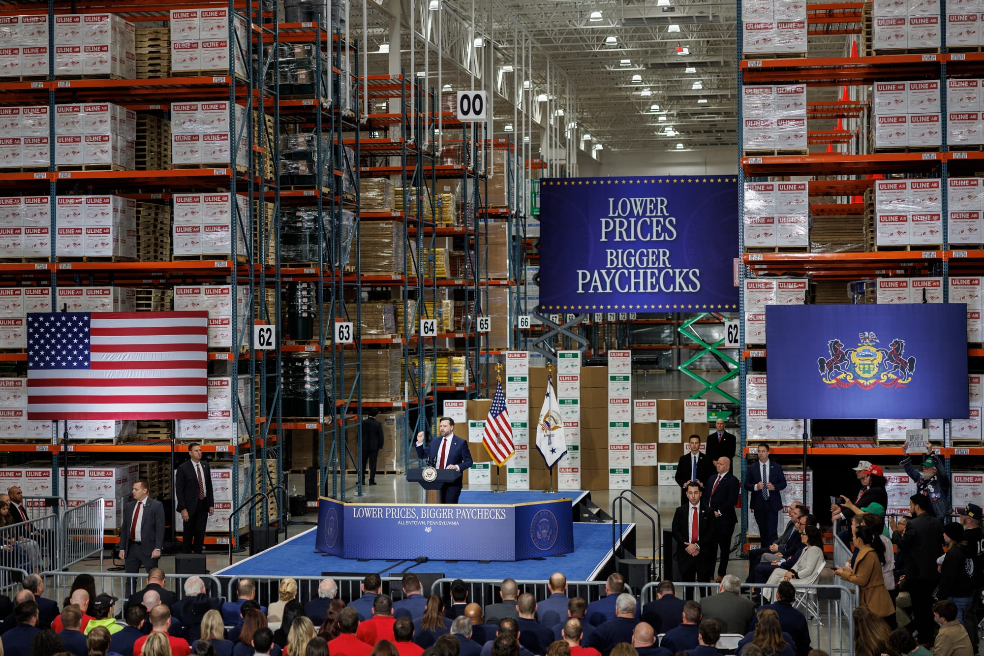 Vice President JD Vance delivers remarks at Uline Inc. in Alburtis on Tuesday, Dec. 16, 2025.
