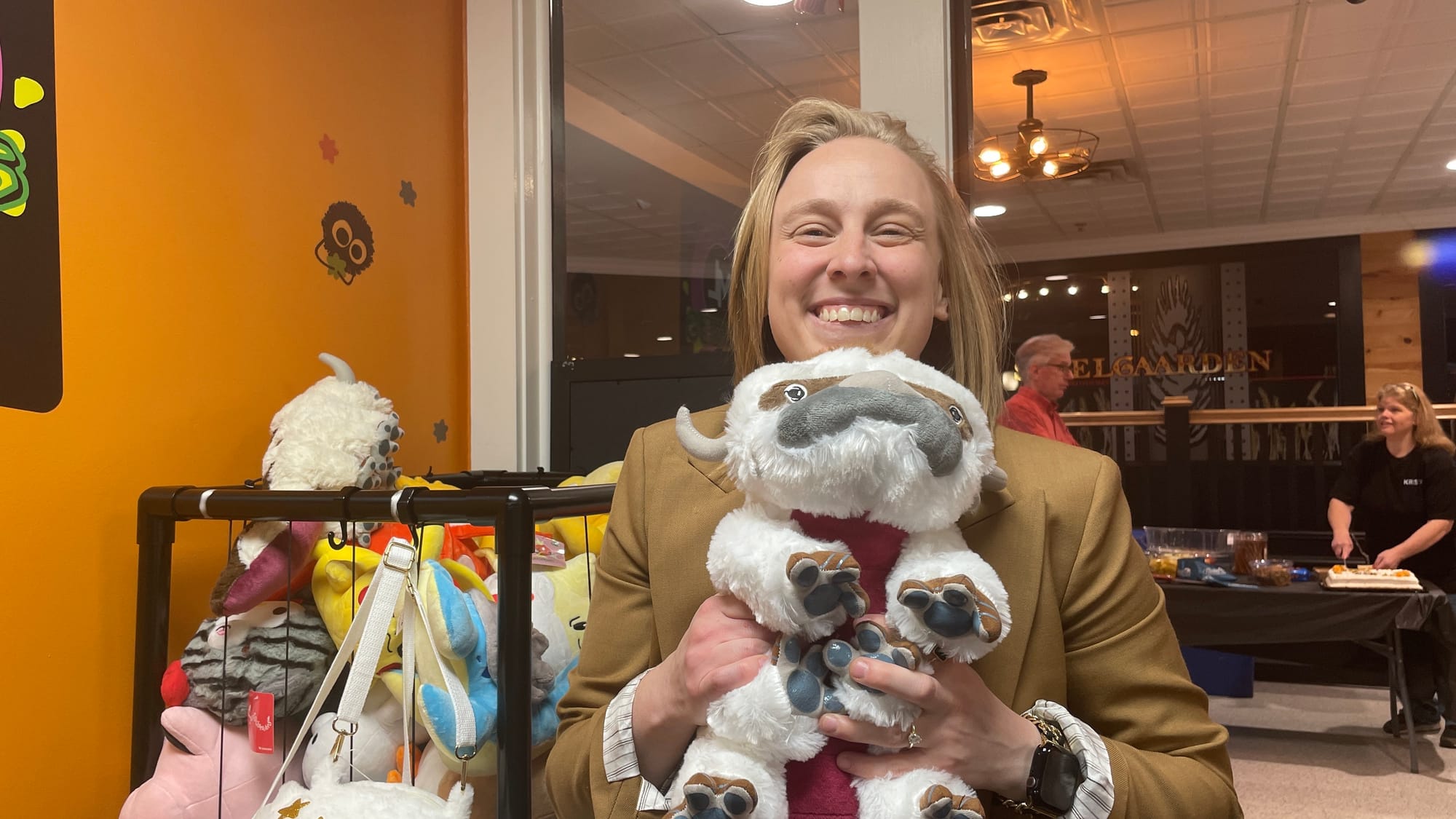 Ty Versocki, manager of the Downtown Bethlehem Association, is shown here with her new plushy Appa, better known as the belov