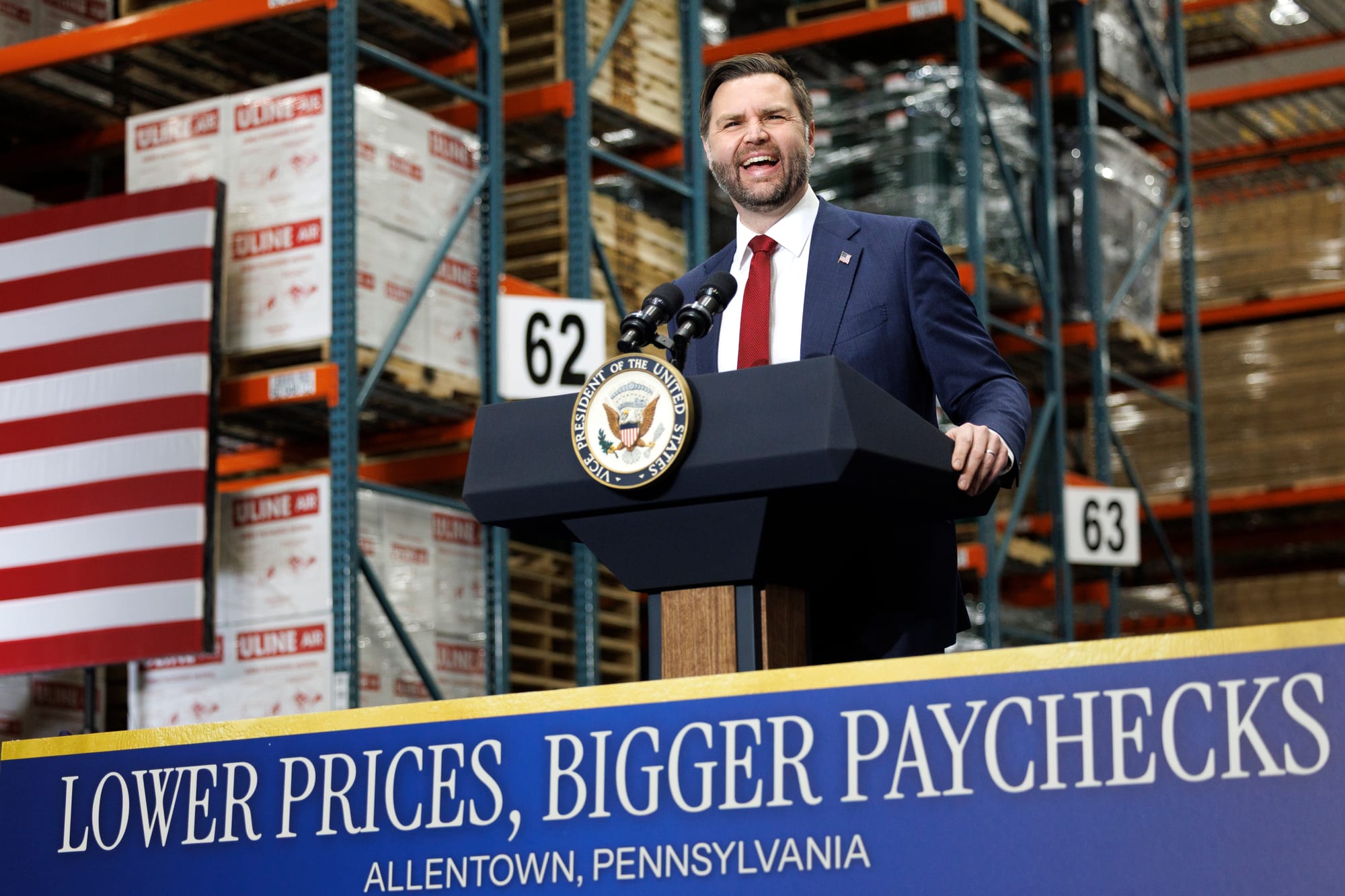 Vice President JD Vance delivers remarks at Uline Inc. in Alburtis on Tuesday, Dec. 16, 2025.