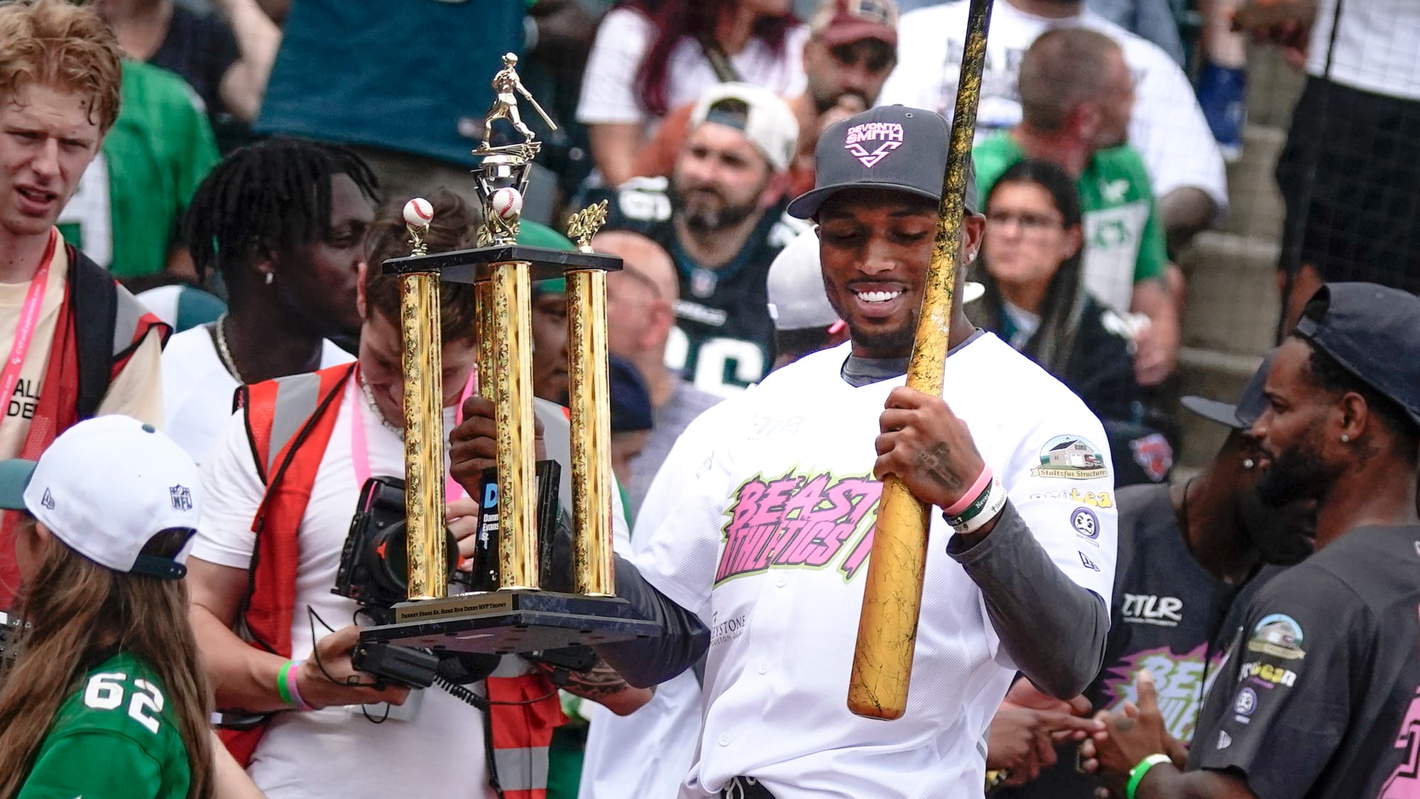 The annual DeVonta Smith Celebrity Softball Game featuring Philadelphia Eagles and other athletes was held at Coca~Cola Park 