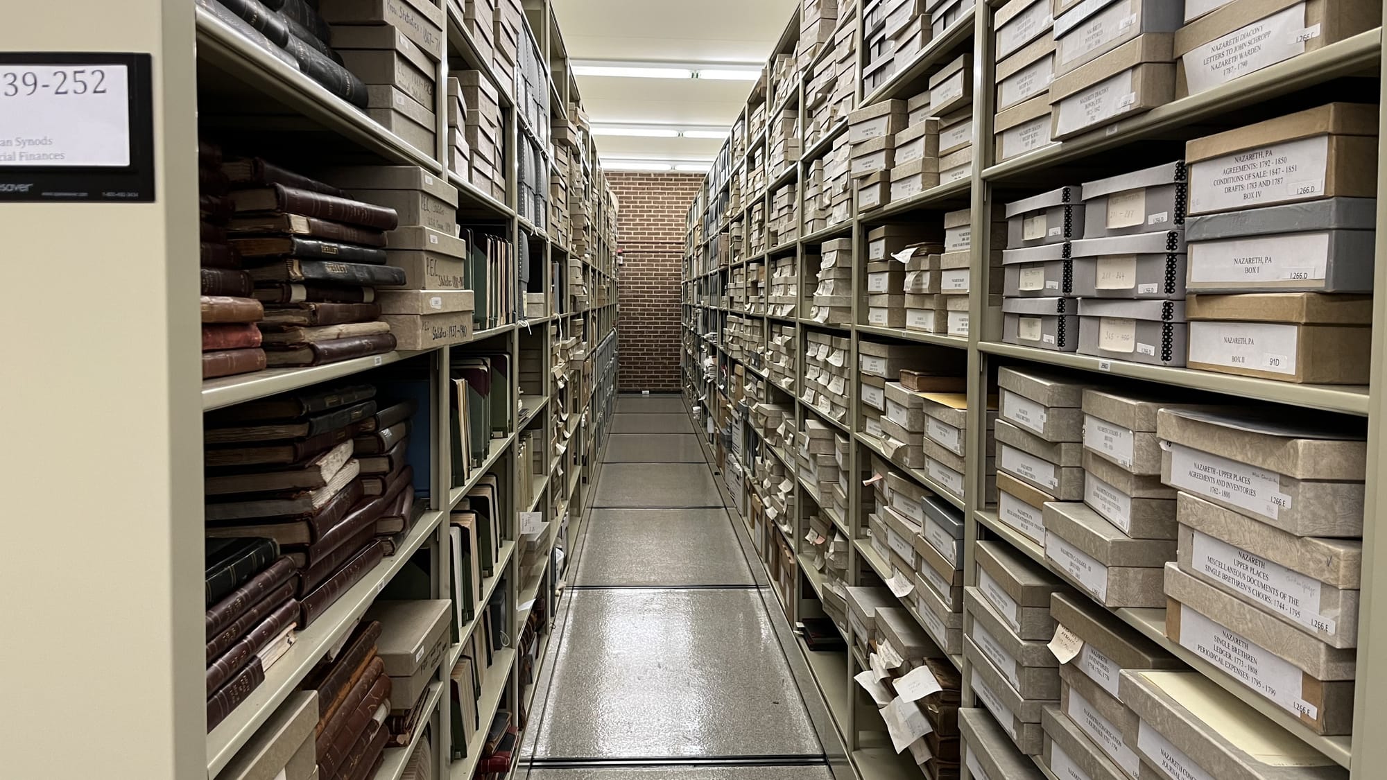 One of the many stacks at the Moravian Archive in Bethlehem which has been safekeeping the history of the organization for ne