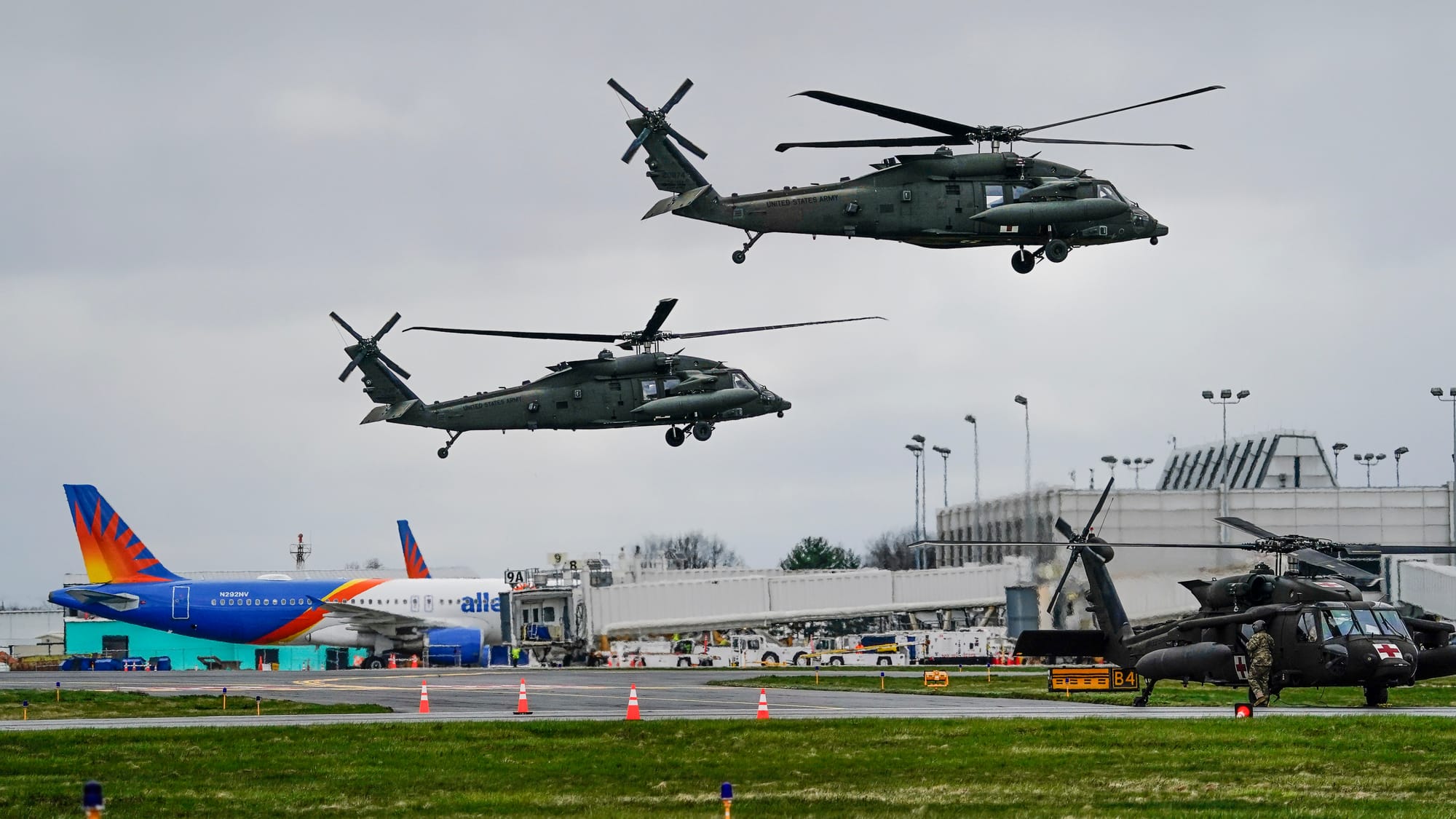 UH-60 Blackhawk helicopters from from Fort Drum in Jefferson County, New York, land at Lehigh Valley International Airport on