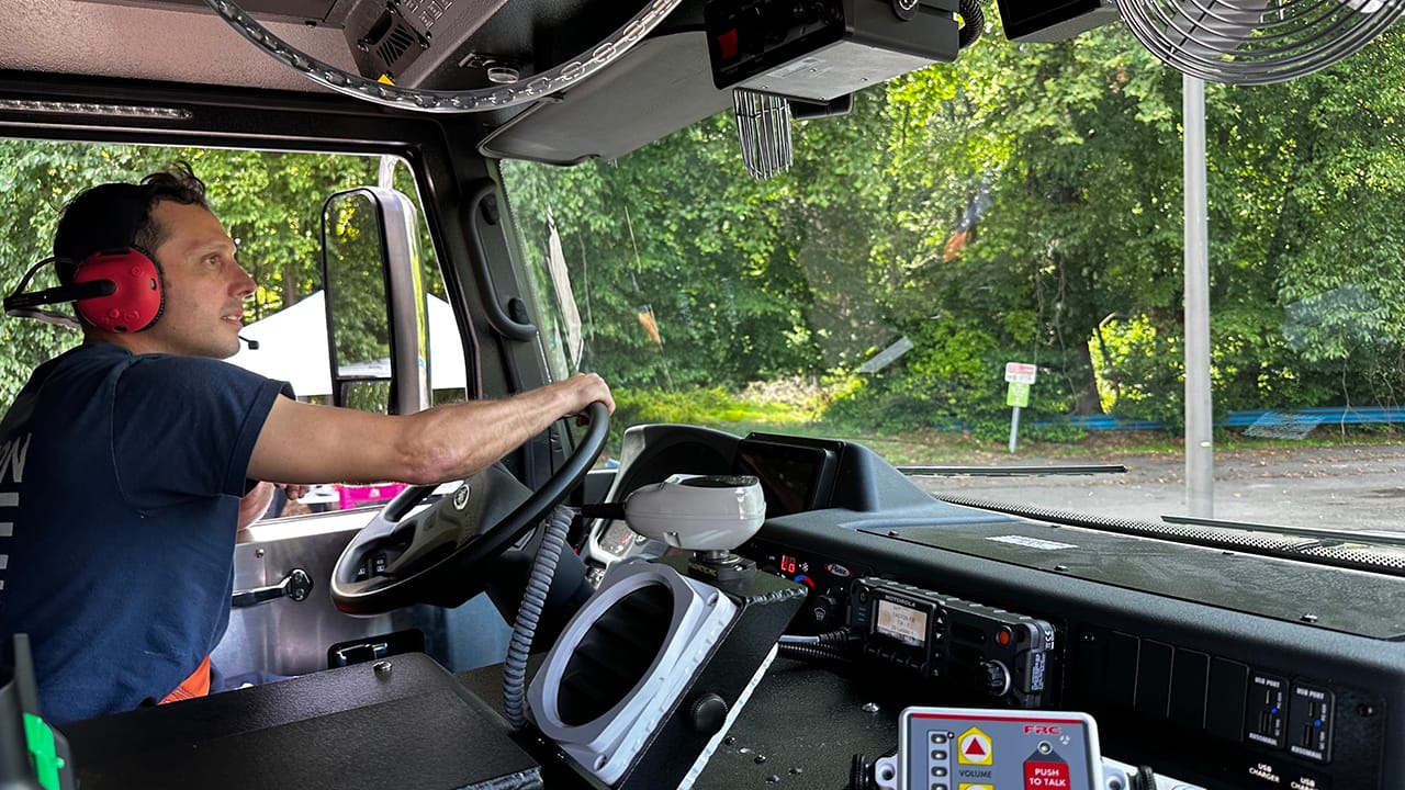 Firefighter Chris Rossetti drives Easton's new tiller truck on Thursday, June 19, 2025.