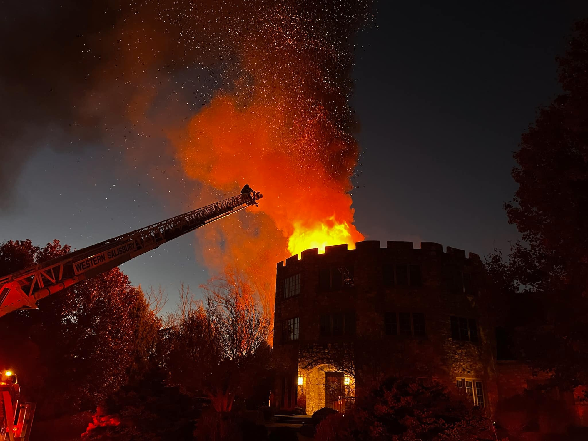 The fire that ravaged the 3015 Barrington Lane mansion Nov. 2021, just a day after the property sold for $6.4 million.