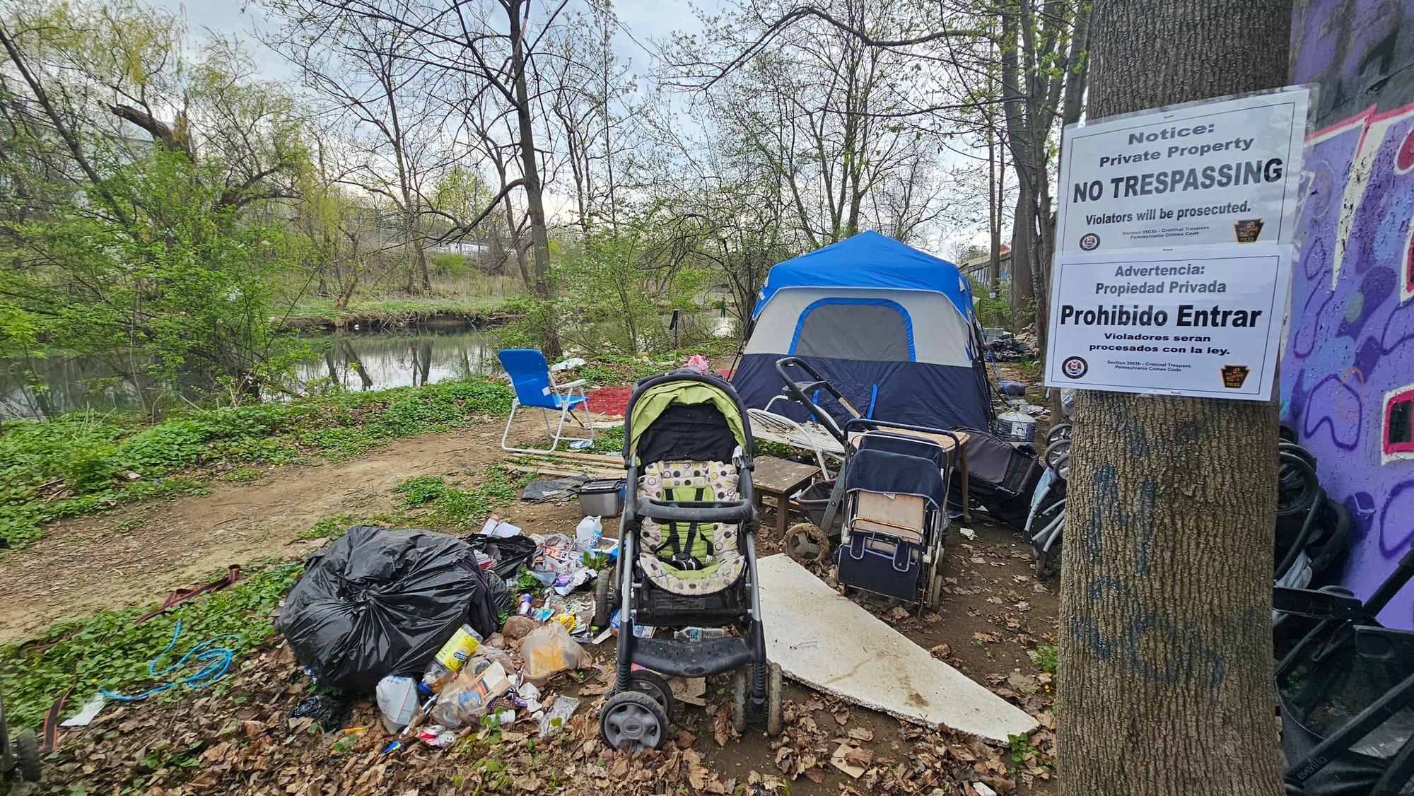 Allentown crews posted no trespassing signs Friday, April 9, at a homeless camp along the Little Lehigh Creek near Fountain P