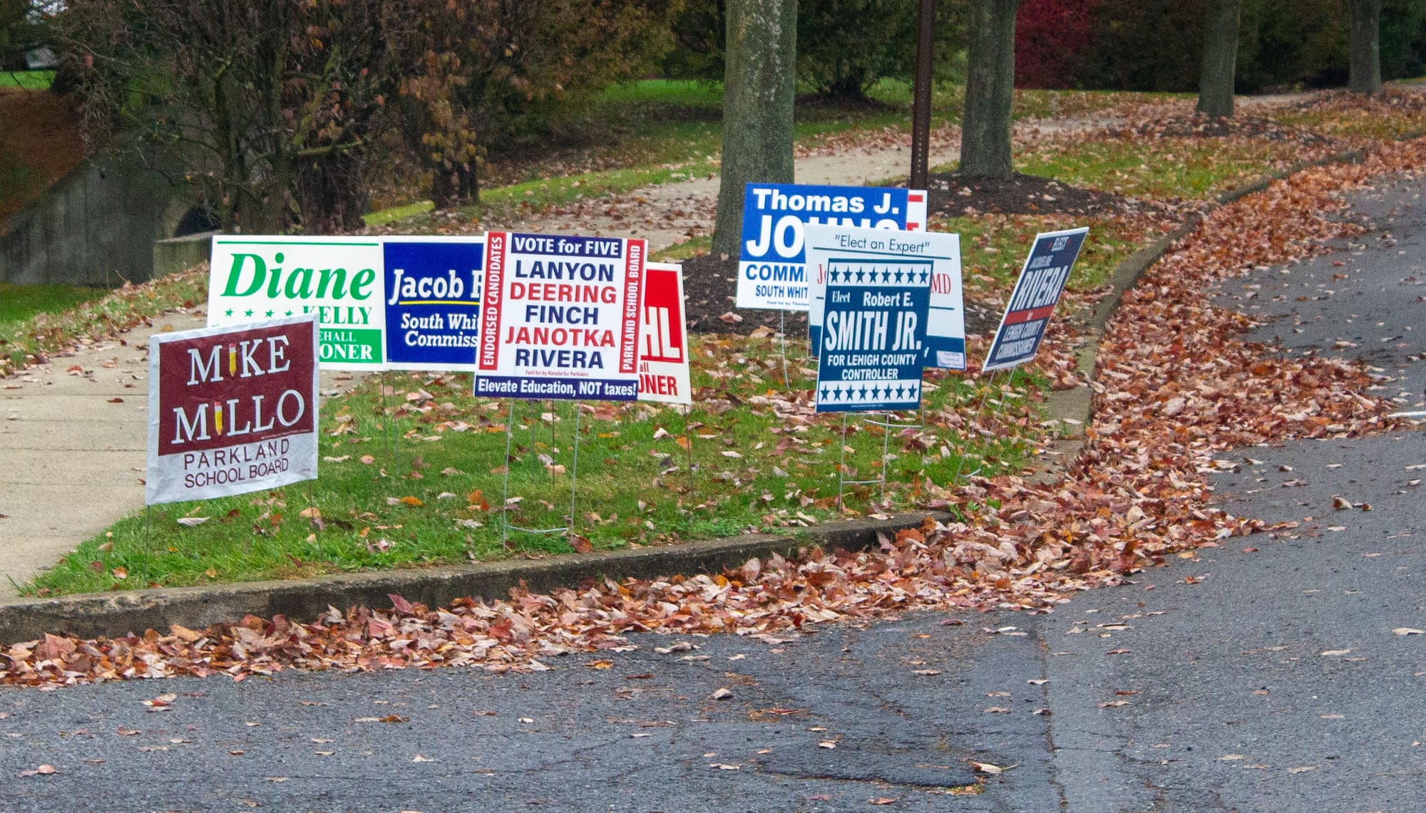 A mix of election signs outside the Calvary Temple polling station in Whitehall on Tuesday, Nov. 7, 2023.