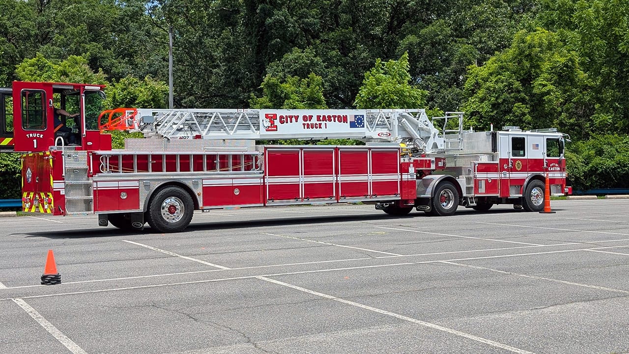 Members of the Easton Fire Department train on the new tiller truck on Thursday, June 19, 2025.