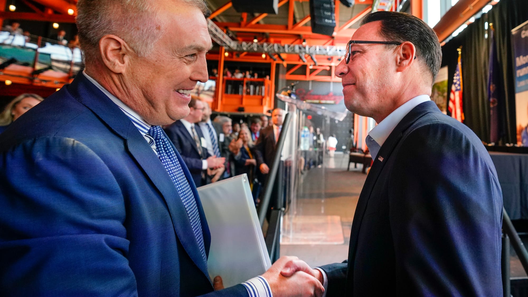 Don Cunningham, LVEDC President and CEO, left, greets Pennsylvania Gov. Josh Shapiro at the annual LVEDC meeting. Josh Shapir