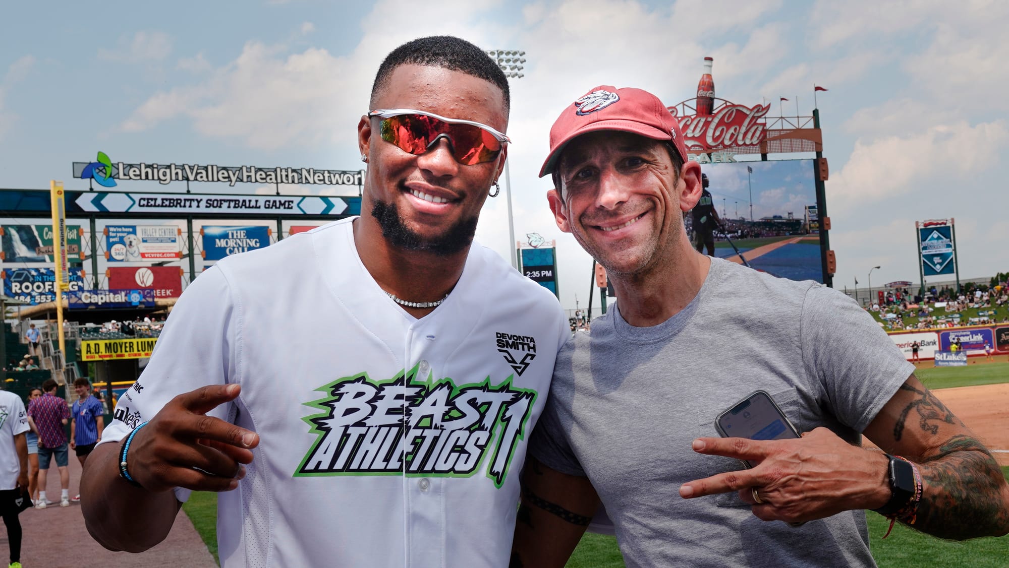Saquon Barkley of the New York Giants with Allentown Mayor Matt Tuerk. The 2nd annual DeVonta Smith Celebrity Softball Game w