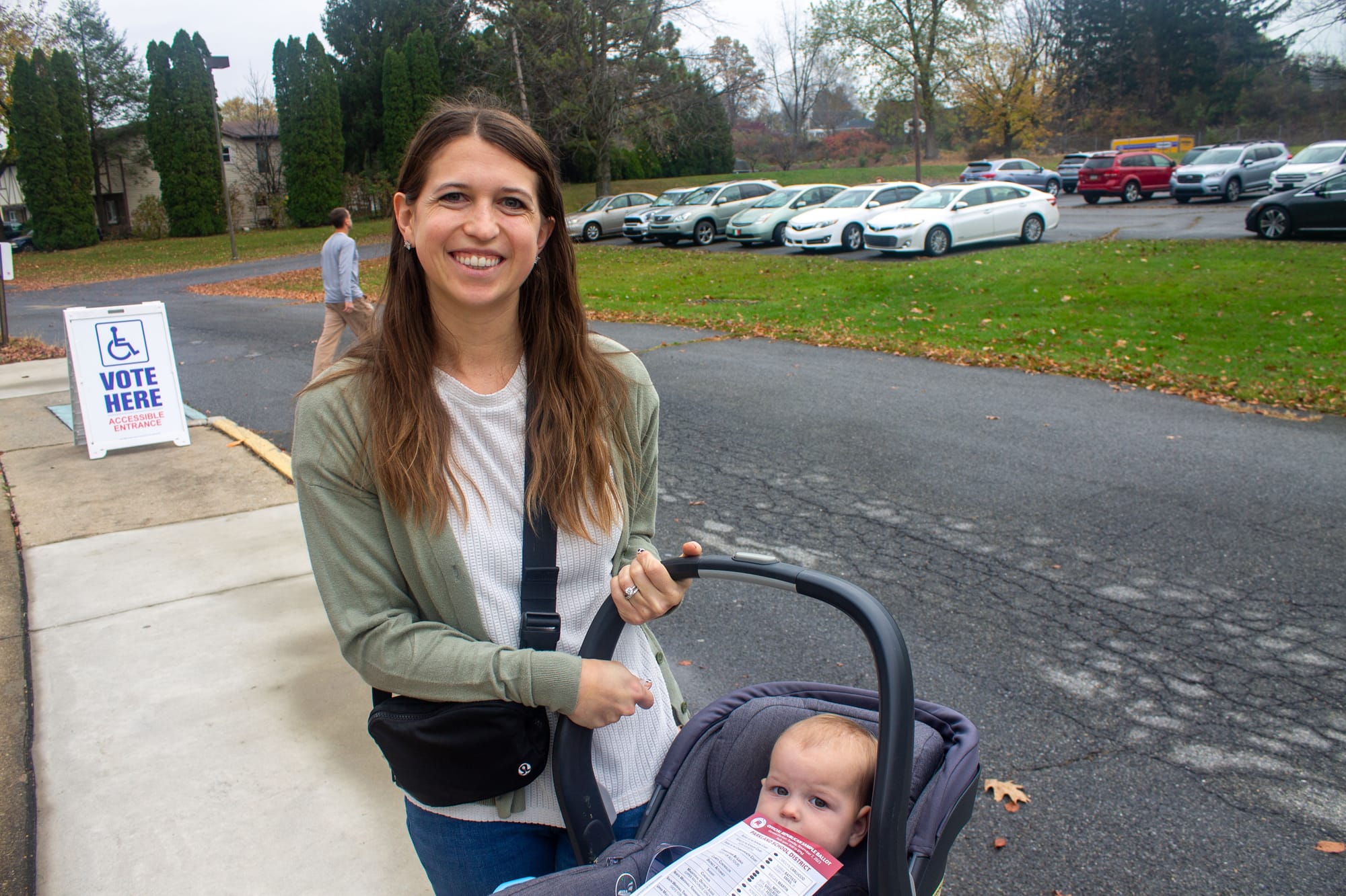 Alexandra Lamperti and her baby, Camille, in Whitehall. Alexandra said she was mainly there to vote in the school board elect