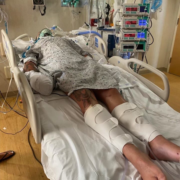 Northampton resident Matthew Urban in a hospital bed following a near fatal crash.