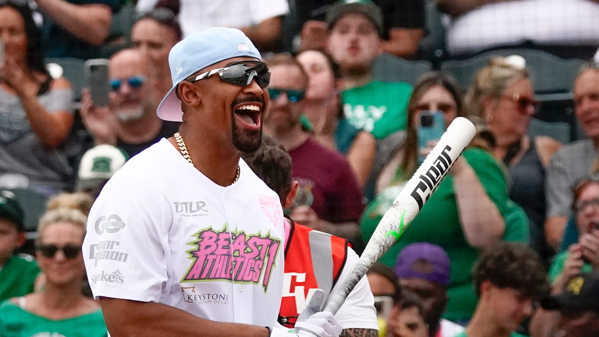 Jalen Hurts comes to the plate. The annual DeVonta Smith Celebrity Softball Game featuring Philadelphia Eagles and other athl