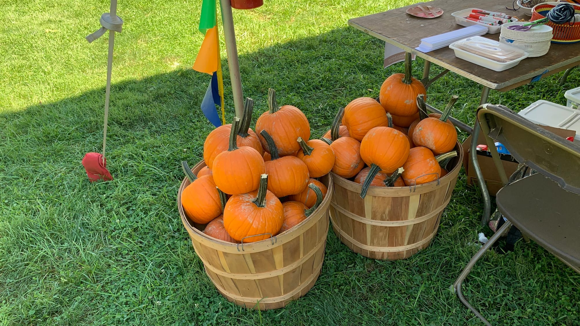 Bushels of pumpkins sit next to a table at the festival.