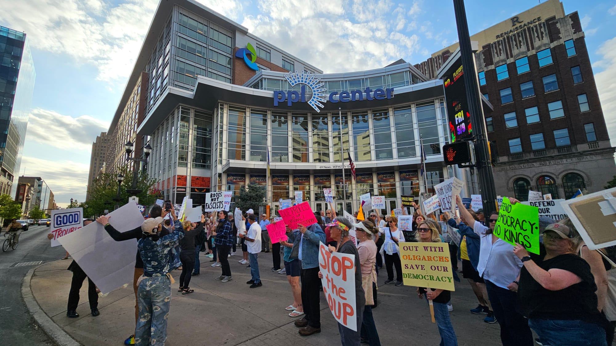 Protesters stop outside the PPL Center on Thursday, May 1, during a protest against President Donald Trump and U.S. Rep. Ryan