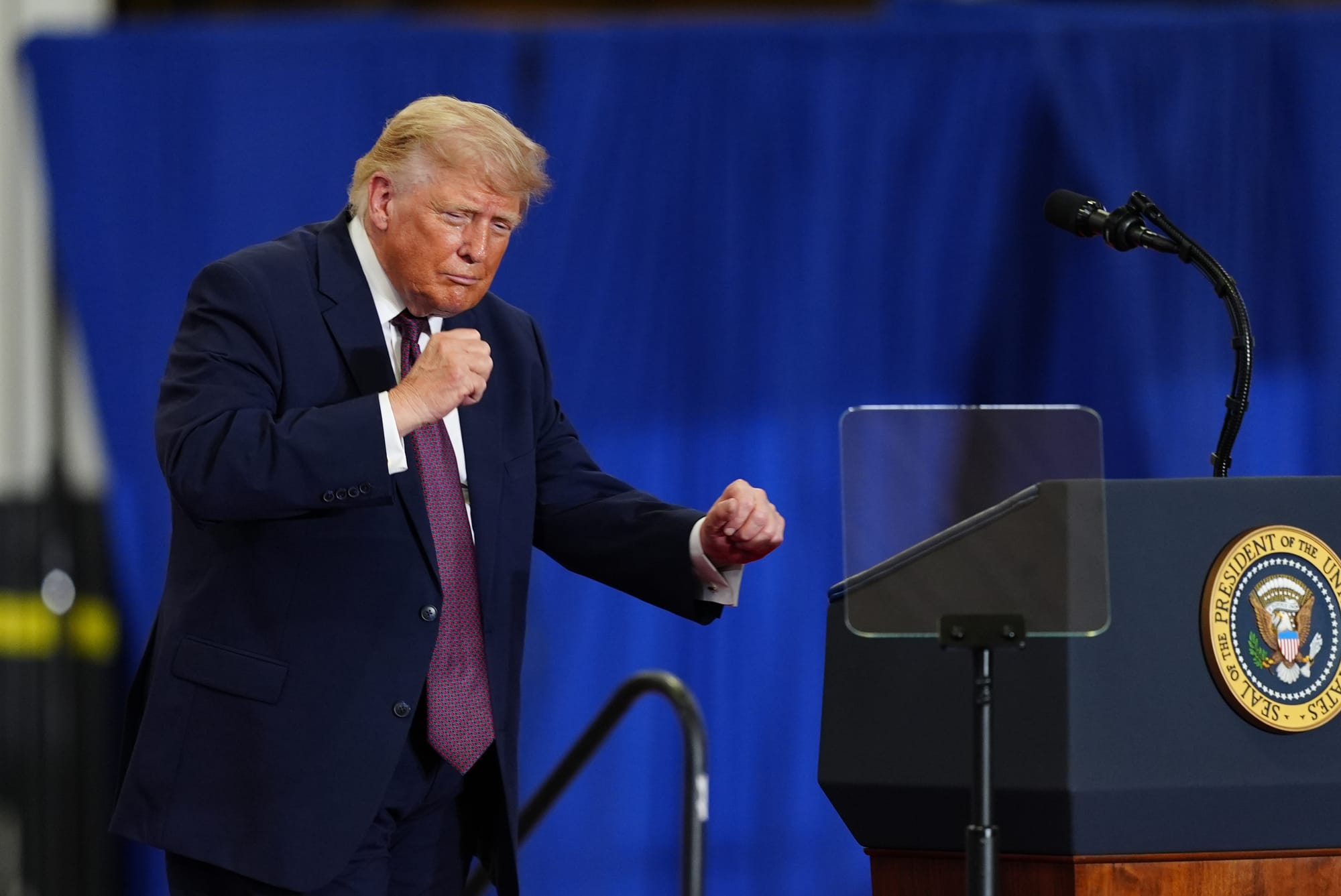 President Donald Trump dances on stage at a Mack Trucks facility, Tuesday, June 23, 2026, in Macungie, Pa.
