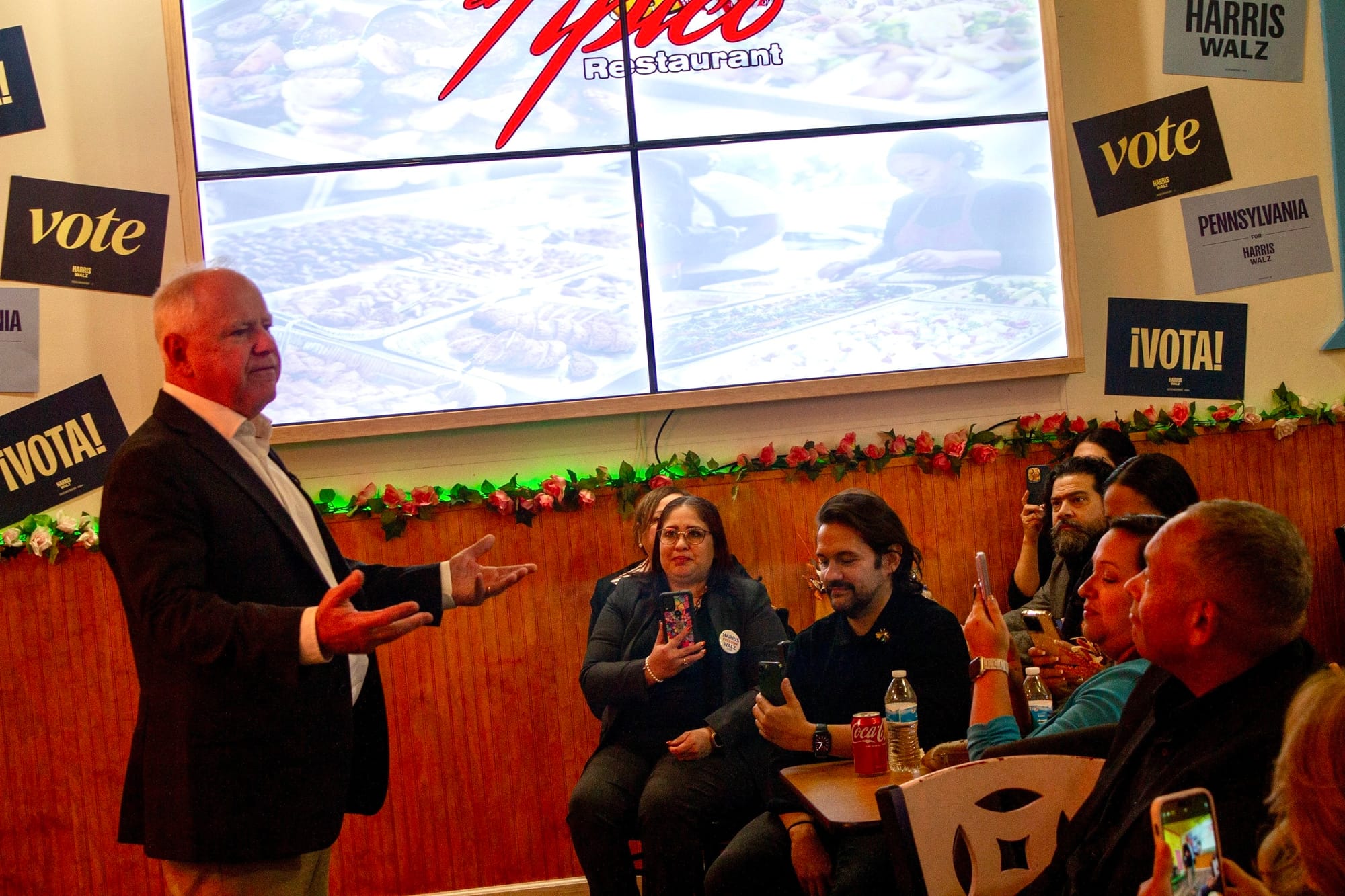 Tim Walz rallies supporters at El Tipico restaurant in Salisbury Township Friday, Oct. 25, 2024