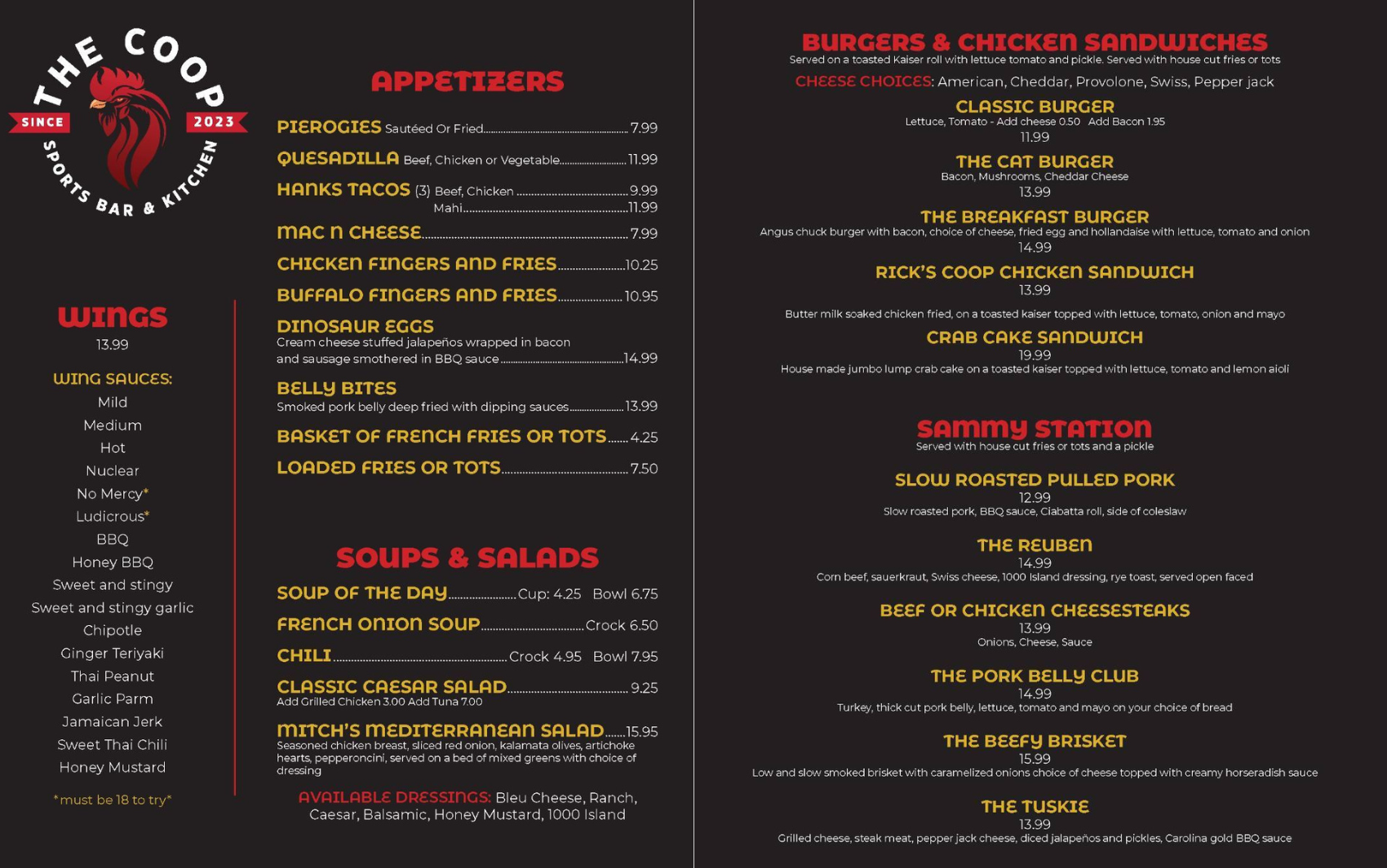 The Coop's new menu.