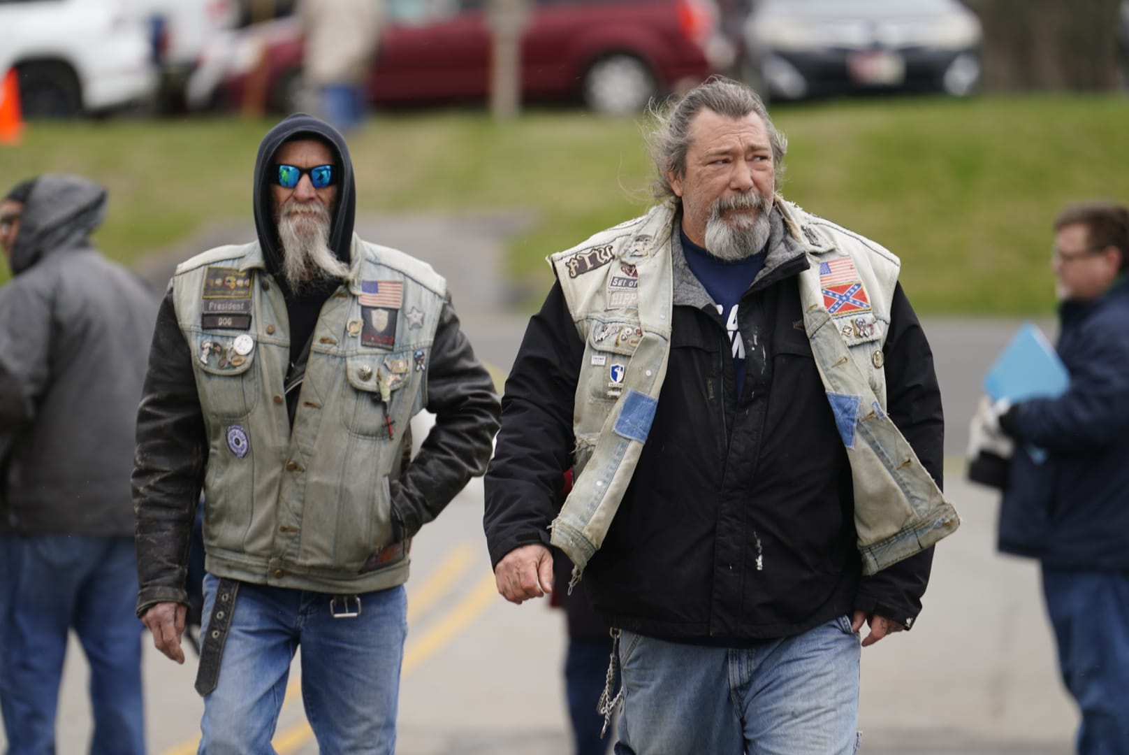 People gather ahead of Donald Trump's rally in Schnecksville, Pa. on Saturday, April 13, 2024.