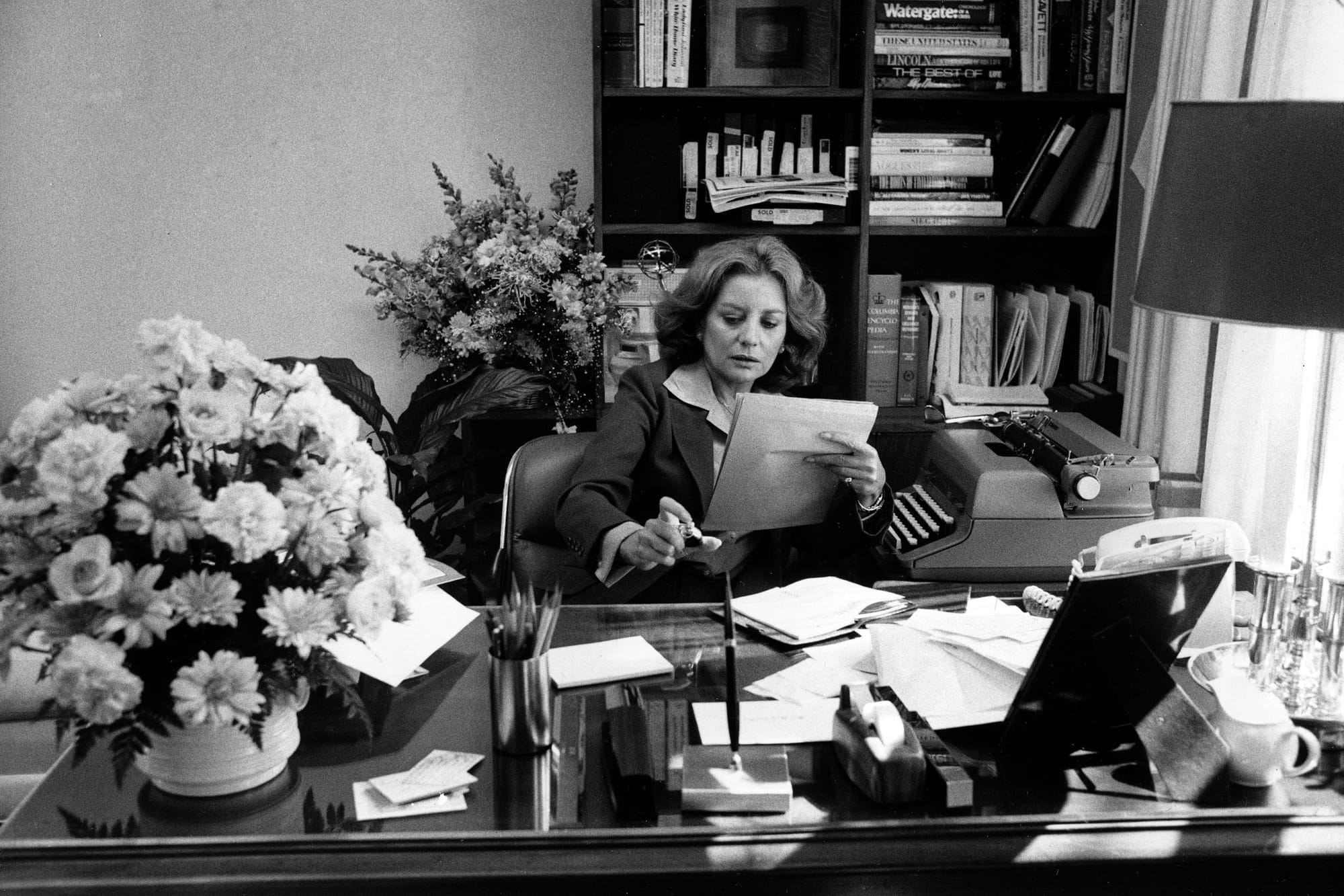 Walters, the nation's first female anchorwoman, sits in her office as she prepares for her debut on ABC's evening news progra