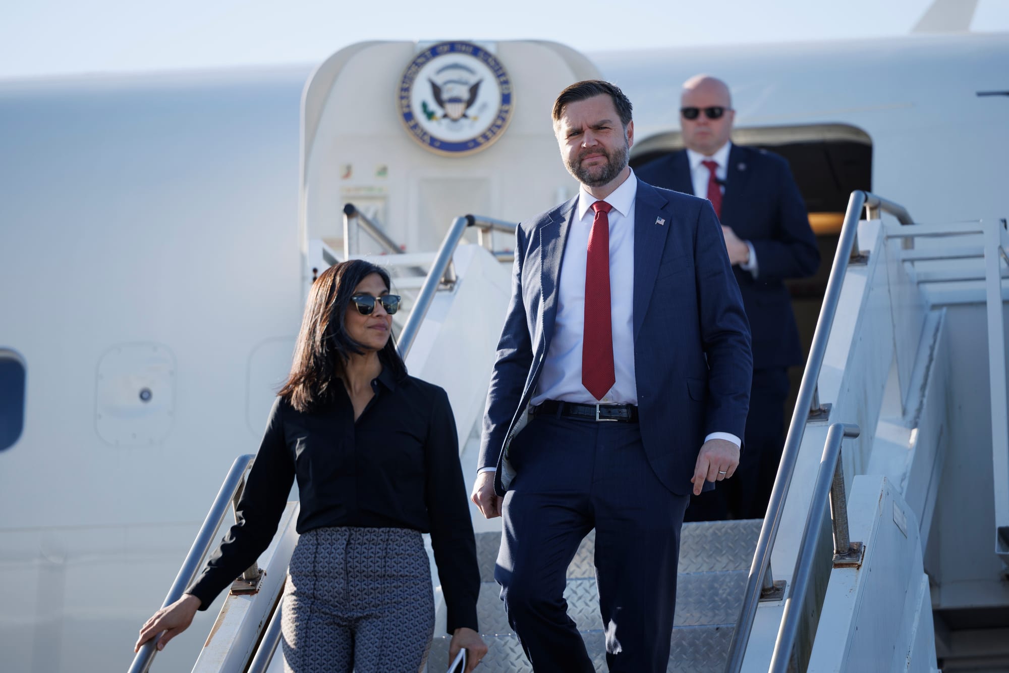 Vice President JD Vance exits Air Force Two at Lehigh Valley International Airport in Hanover Township, Lehigh County on Tues