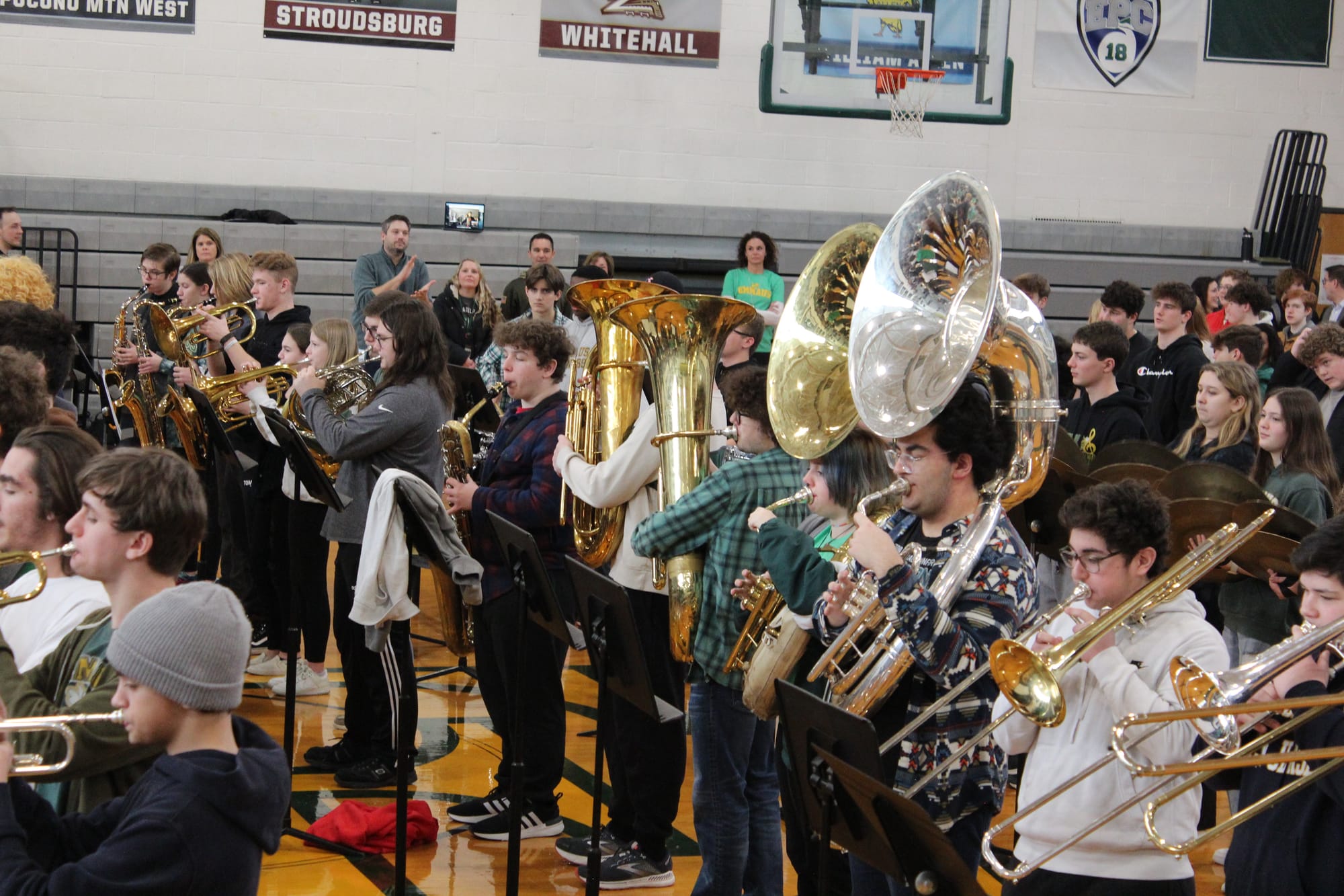 Emmaus High School band musicians played along as students sung the Eagles' fight song at the Wednesday event