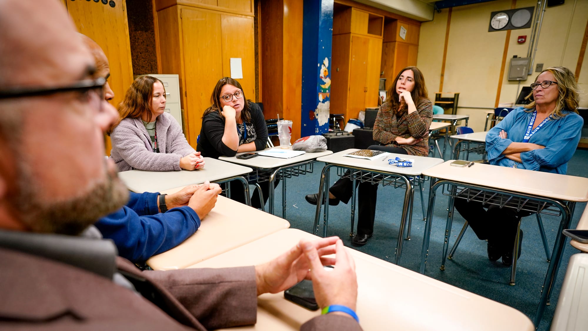 Teachers discuss youth violence prevention efforts at Raub Middle School in Allentown, Pa. on Thursday, October 17, 2024. The