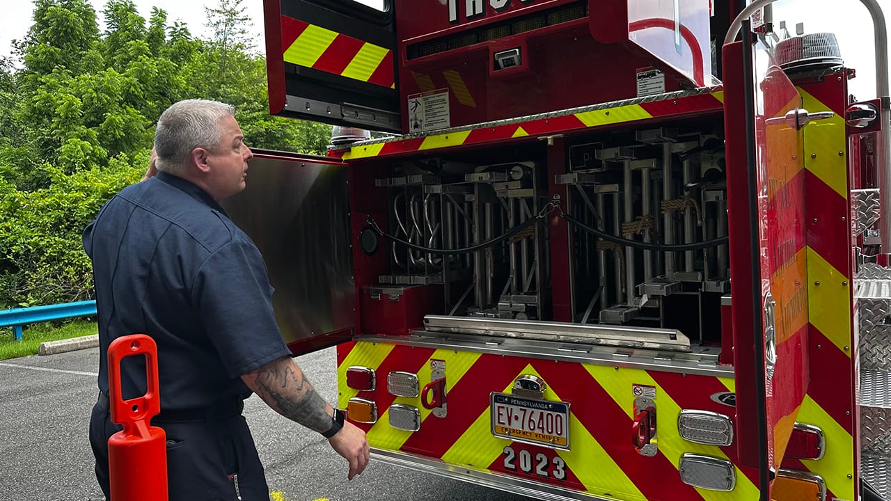 Easton Fire Chief Henry Hennings shows off the department's new tiller truck on Thursday, June 19, 2025.