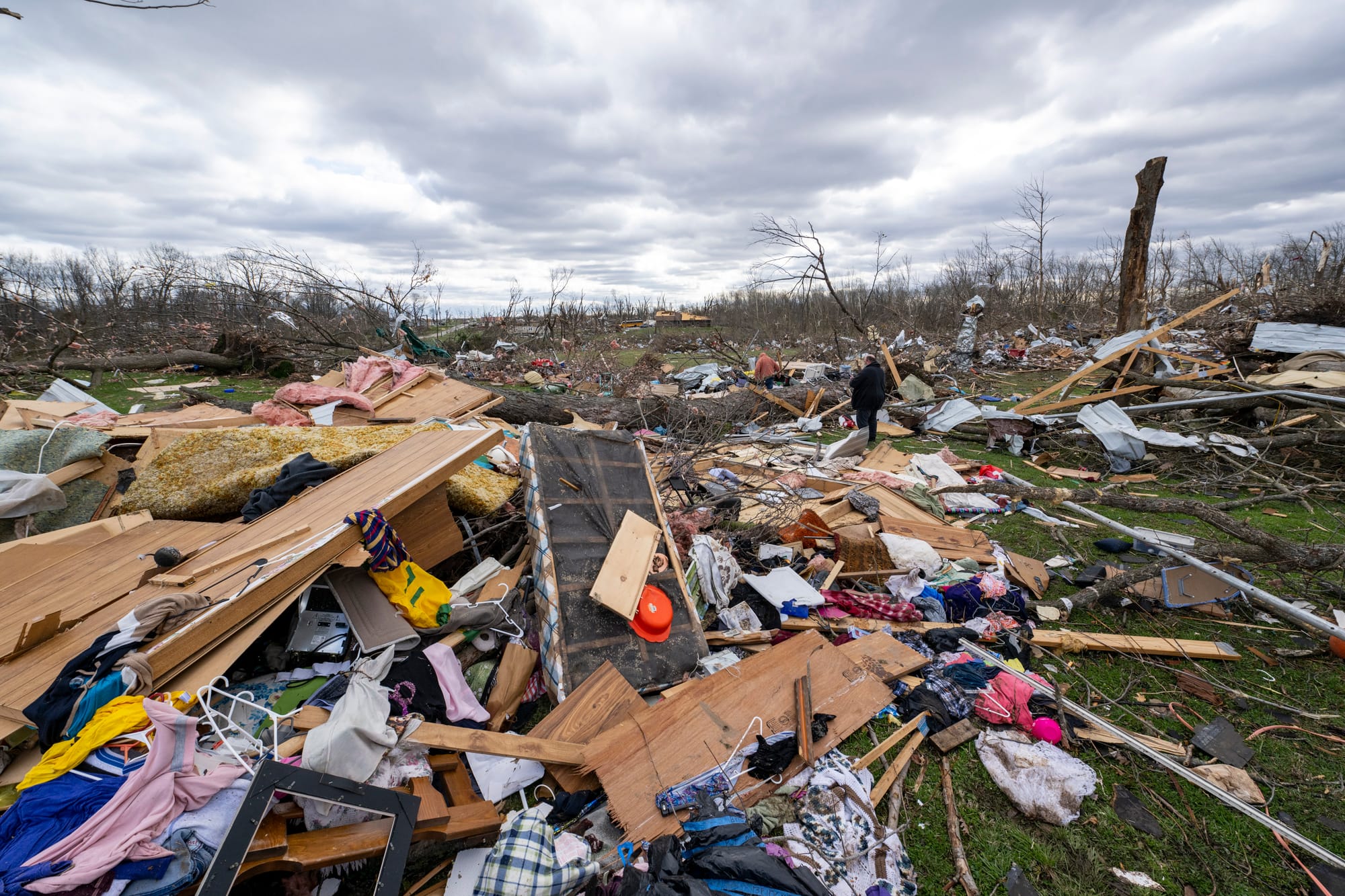 Damage from a late-night tornado is seen in Sullivan, Ind., Saturday, April 1, 2023. Multiple deaths were reported in the are