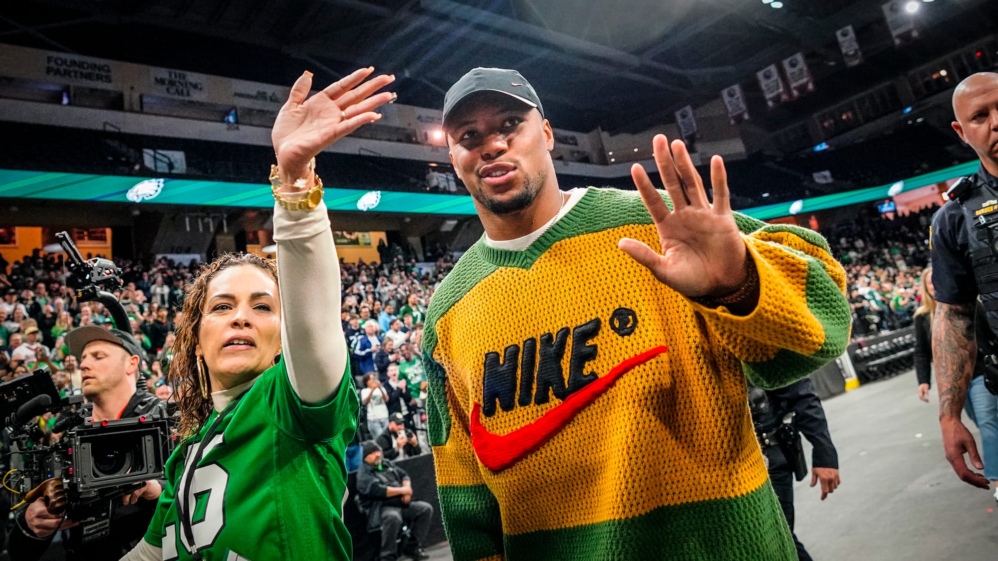 Saquon Barkley enters PPL Center escorted by Priscilla Reyes of the City of Allentown. A Lehigh Valley celebration for Philad